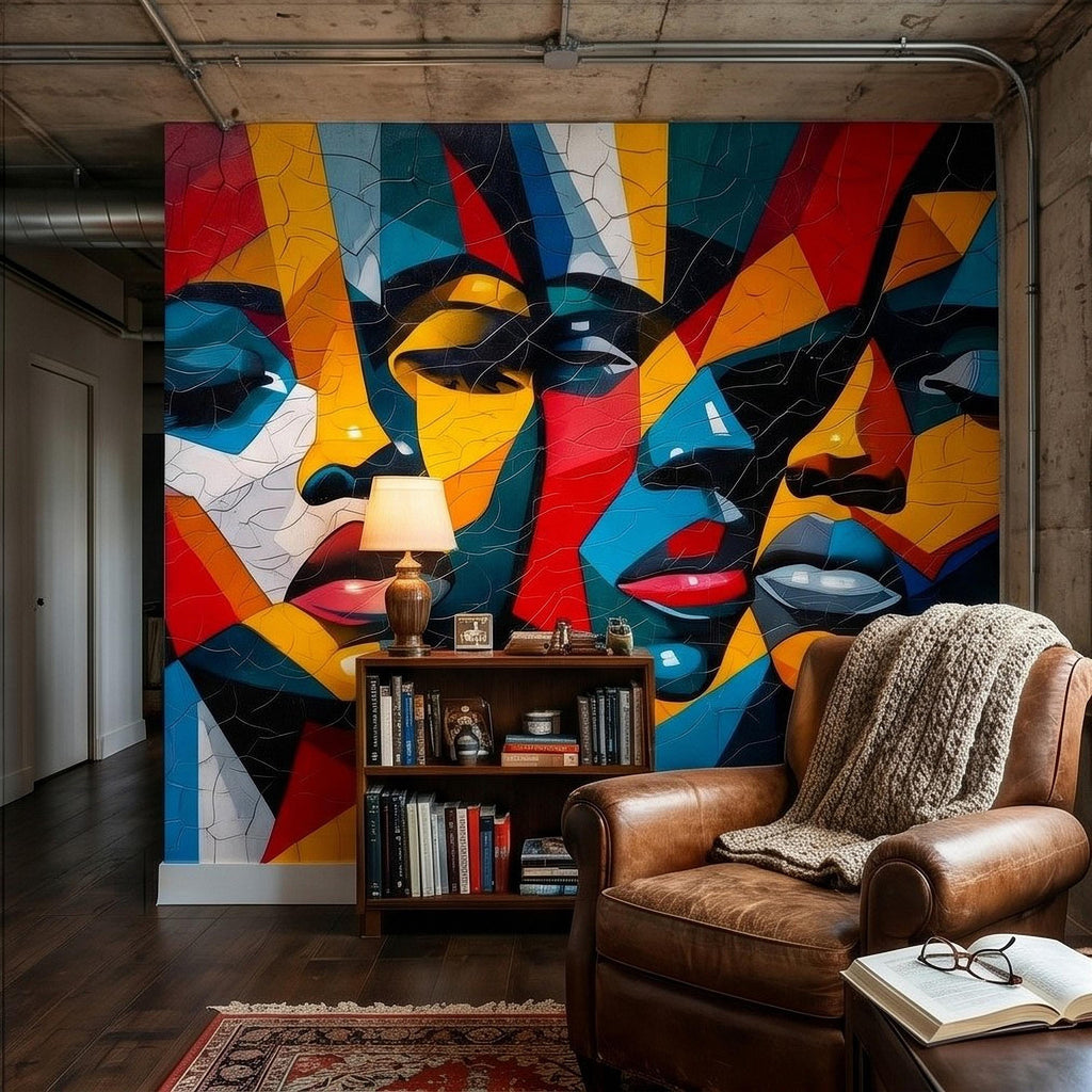Abstract Cubist Faces Peel and Stick Wall Mural, Colorful Geometric Portrait Mosaic, Cracked Paint Texture, Modern Pop Art Wallpaper