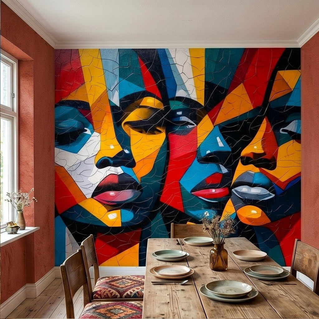 Abstract Cubist Faces Peel and Stick Wall Mural, Colorful Geometric Portrait Mosaic, Cracked Paint Texture, Modern Pop Art Wallpaper