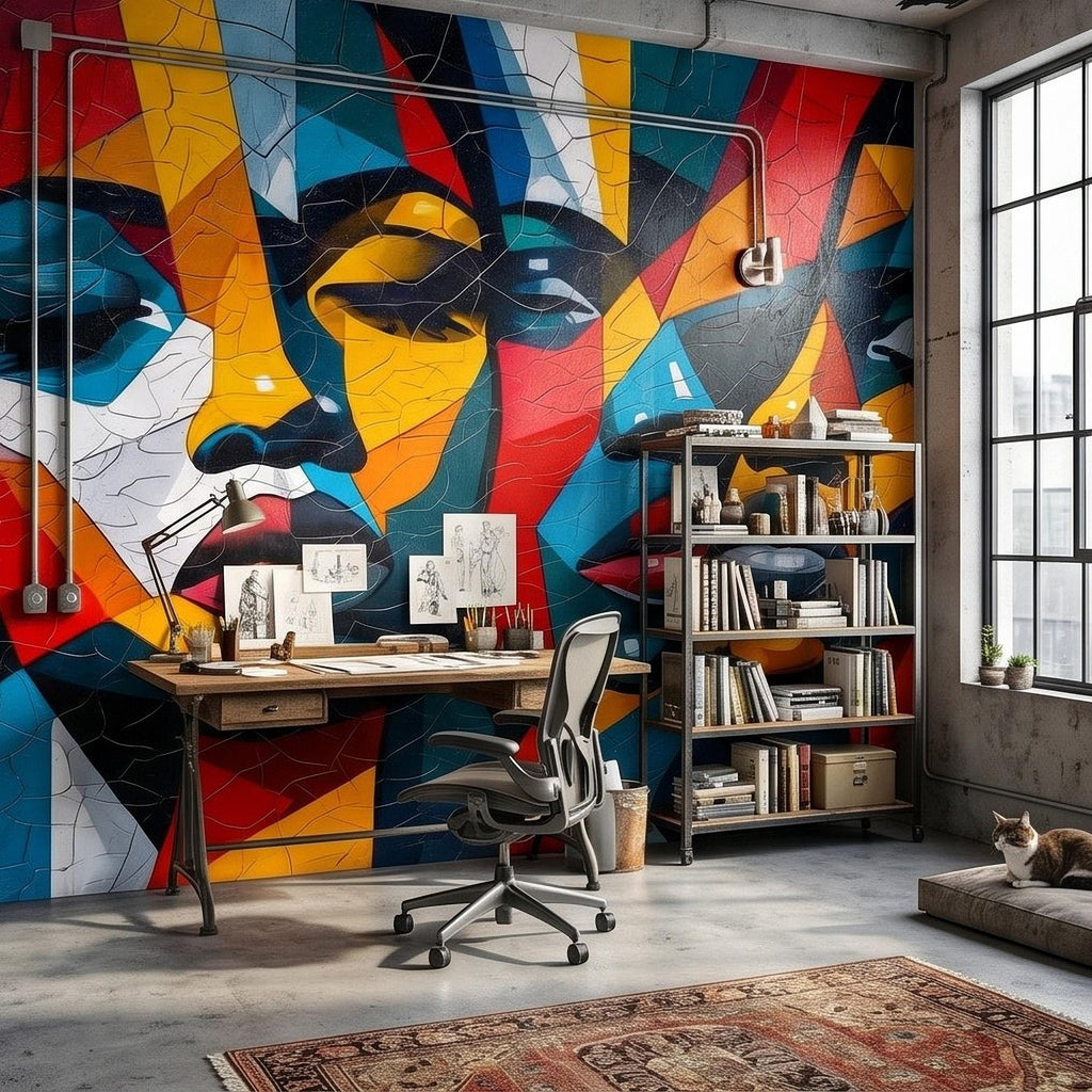Abstract Cubist Faces Peel and Stick Wall Mural, Colorful Geometric Portrait Mosaic, Cracked Paint Texture, Modern Pop Art Wallpaper