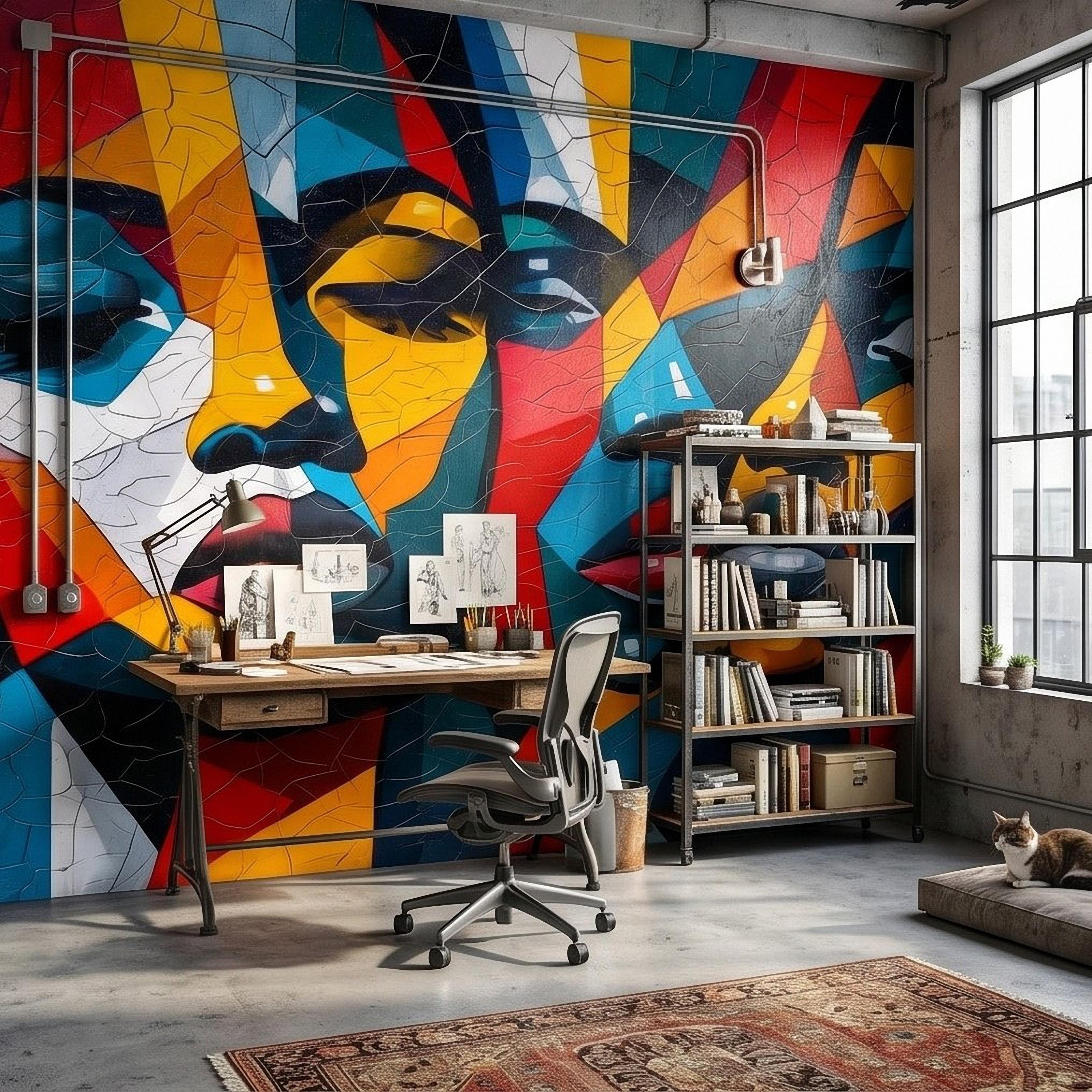 Abstract Cubist Faces Peel and Stick Wall Mural, Colorful Geometric Portrait Mosaic, Cracked Paint Texture, Modern Pop Art Wallpaper