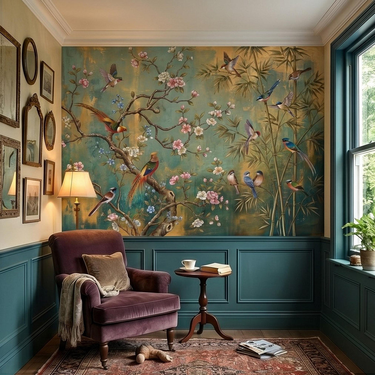 Teal botanical wall mural with colorful birds, cherry blossoms, and bamboo in flight.
