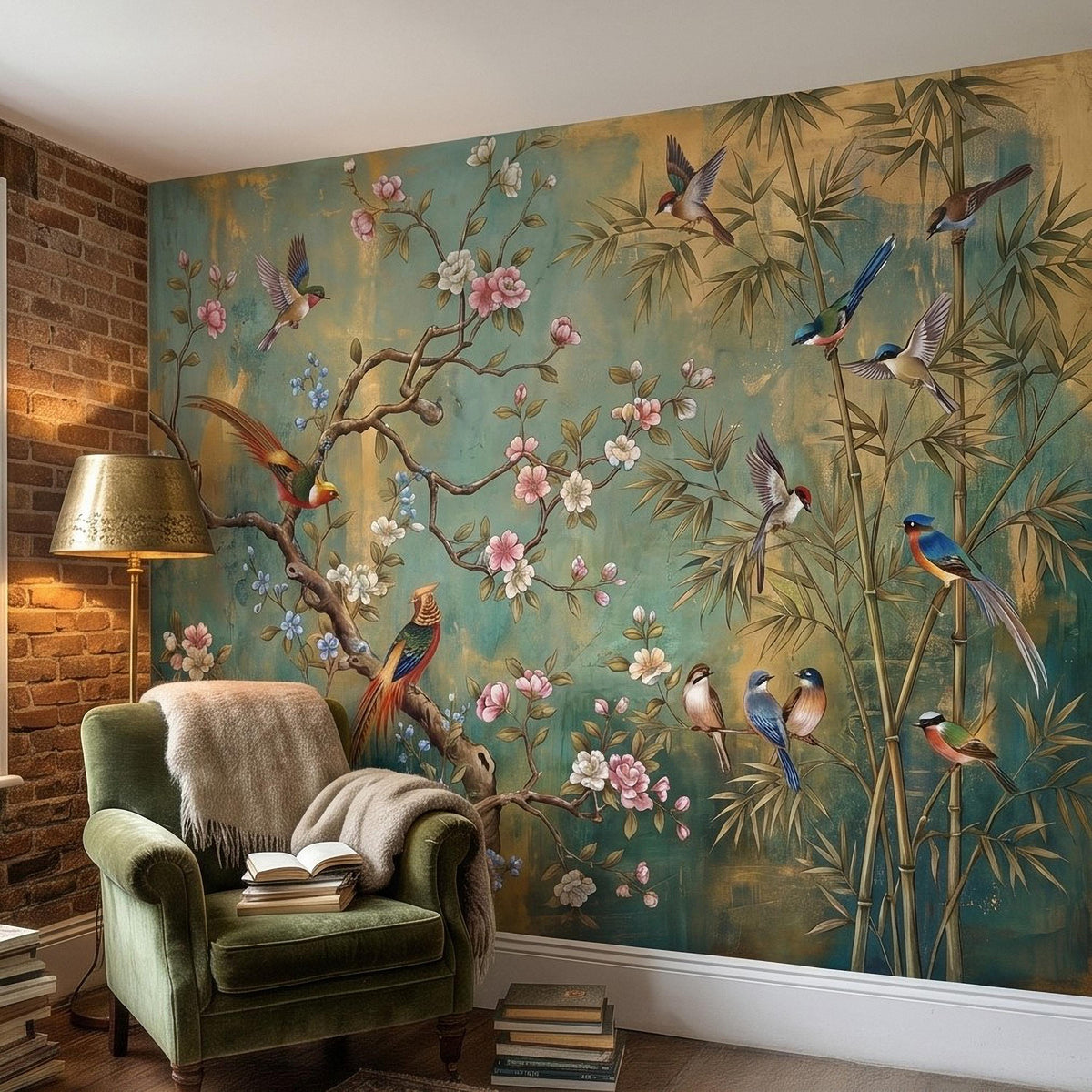 Teal botanical wall mural with songbirds, flowering cherry branches, and bamboo leaves.