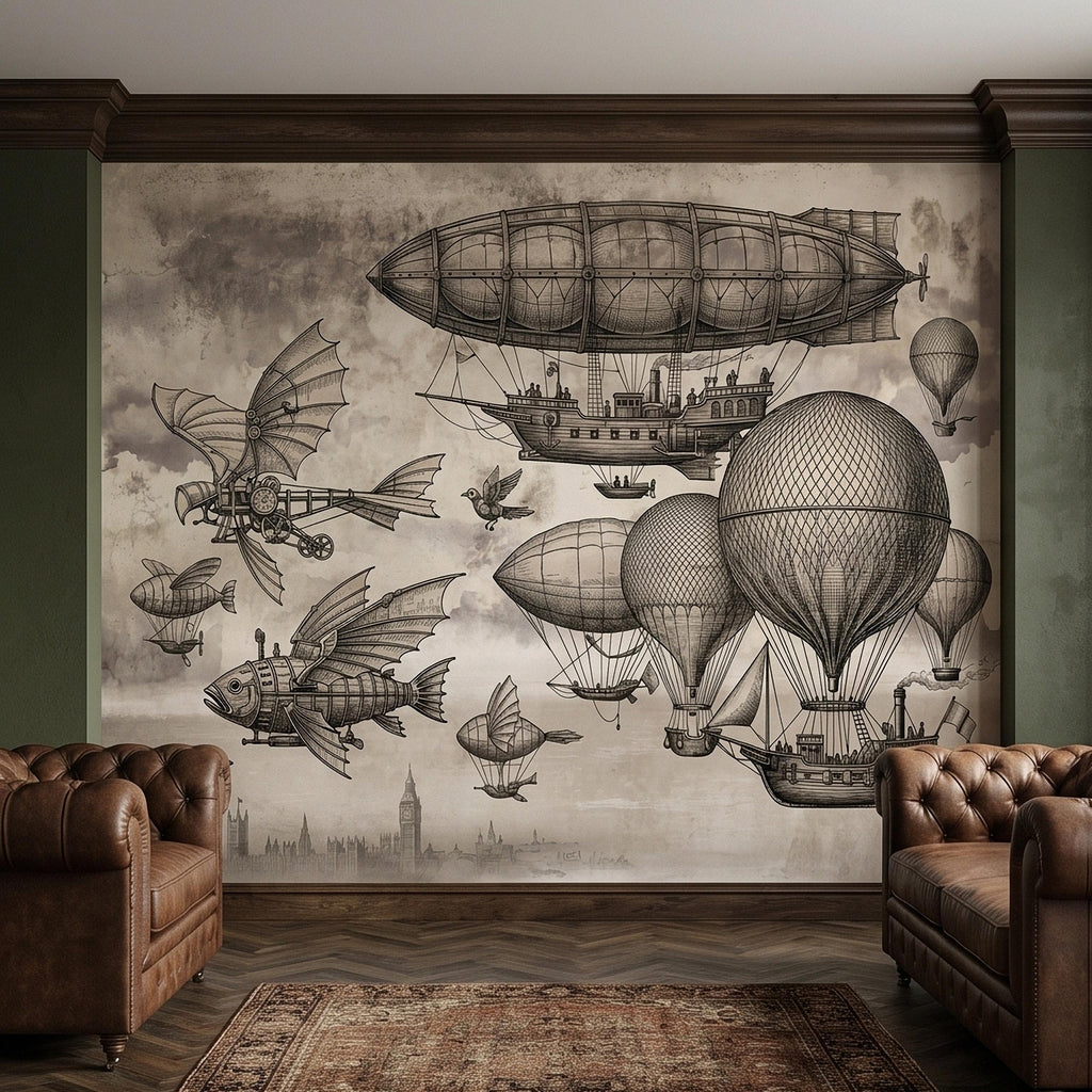 Steampunk Airship Peel and Stick Wall Mural, Vintage Zeppelin and Hot Air Balloon Sky with Flying Fish, Victorian Sepia Sketch Wallpaper