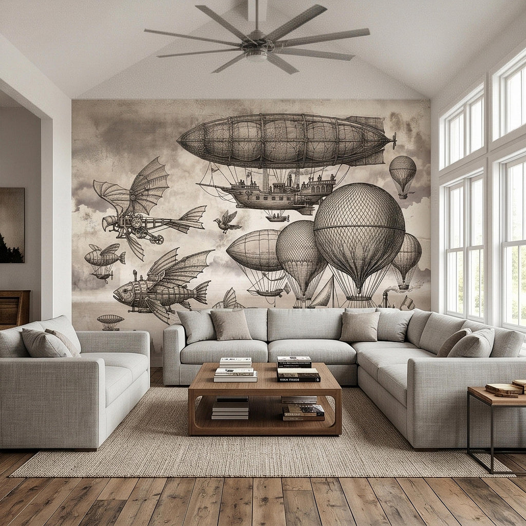 Steampunk Airship Peel and Stick Wall Mural, Vintage Zeppelin and Hot Air Balloon Sky with Flying Fish, Victorian Sepia Sketch Wallpaper