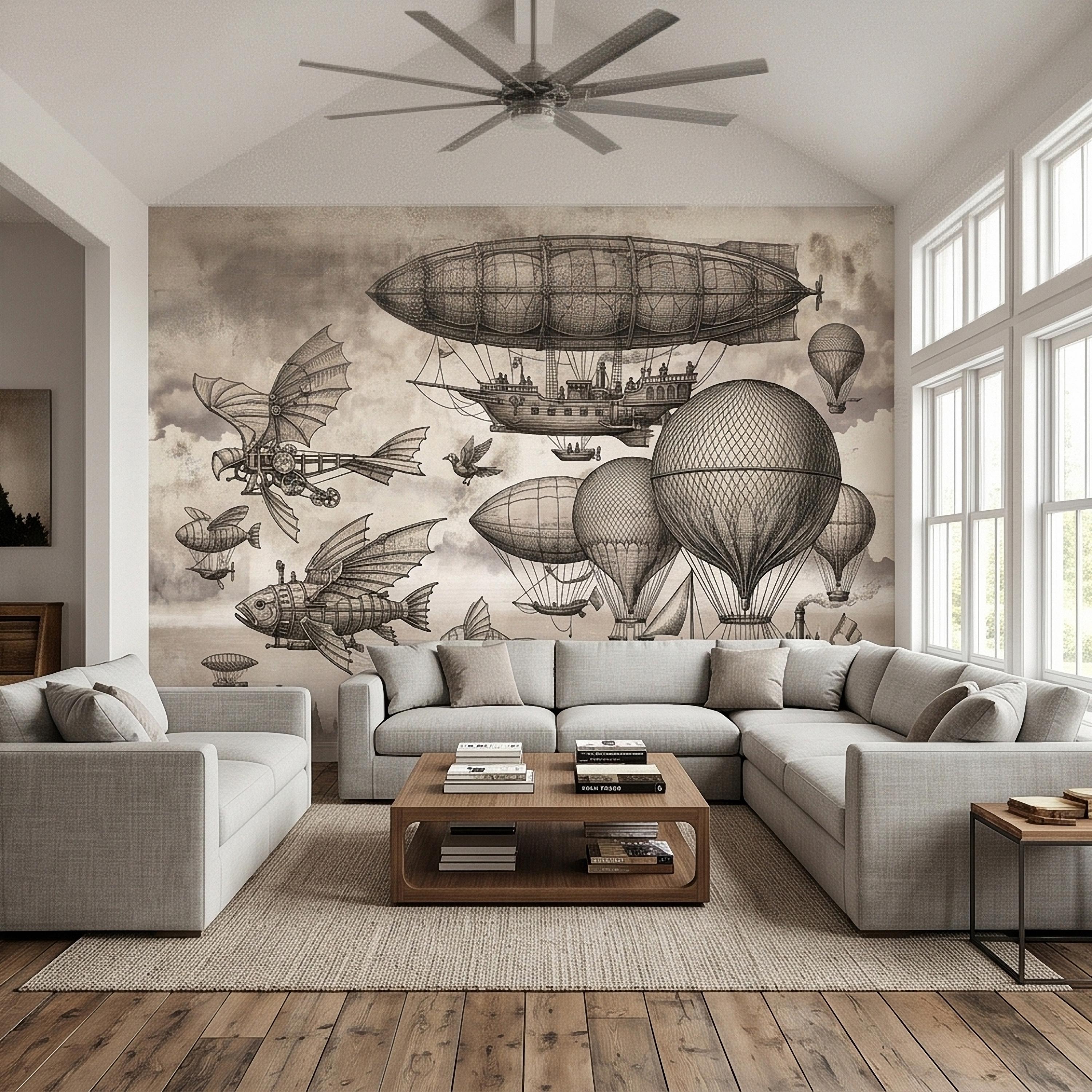 Steampunk Airship Peel and Stick Wall Mural, Vintage Zeppelin and Hot Air Balloon Sky with Flying Fish, Victorian Sepia Sketch Wallpaper