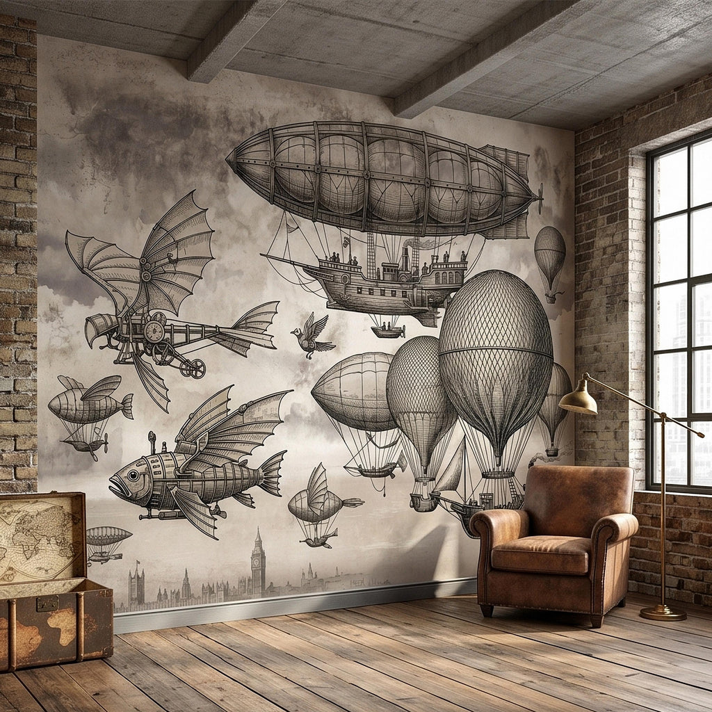 Steampunk Airship Peel and Stick Wall Mural, Vintage Zeppelin and Hot Air Balloon Sky with Flying Fish, Victorian Sepia Sketch Wallpaper