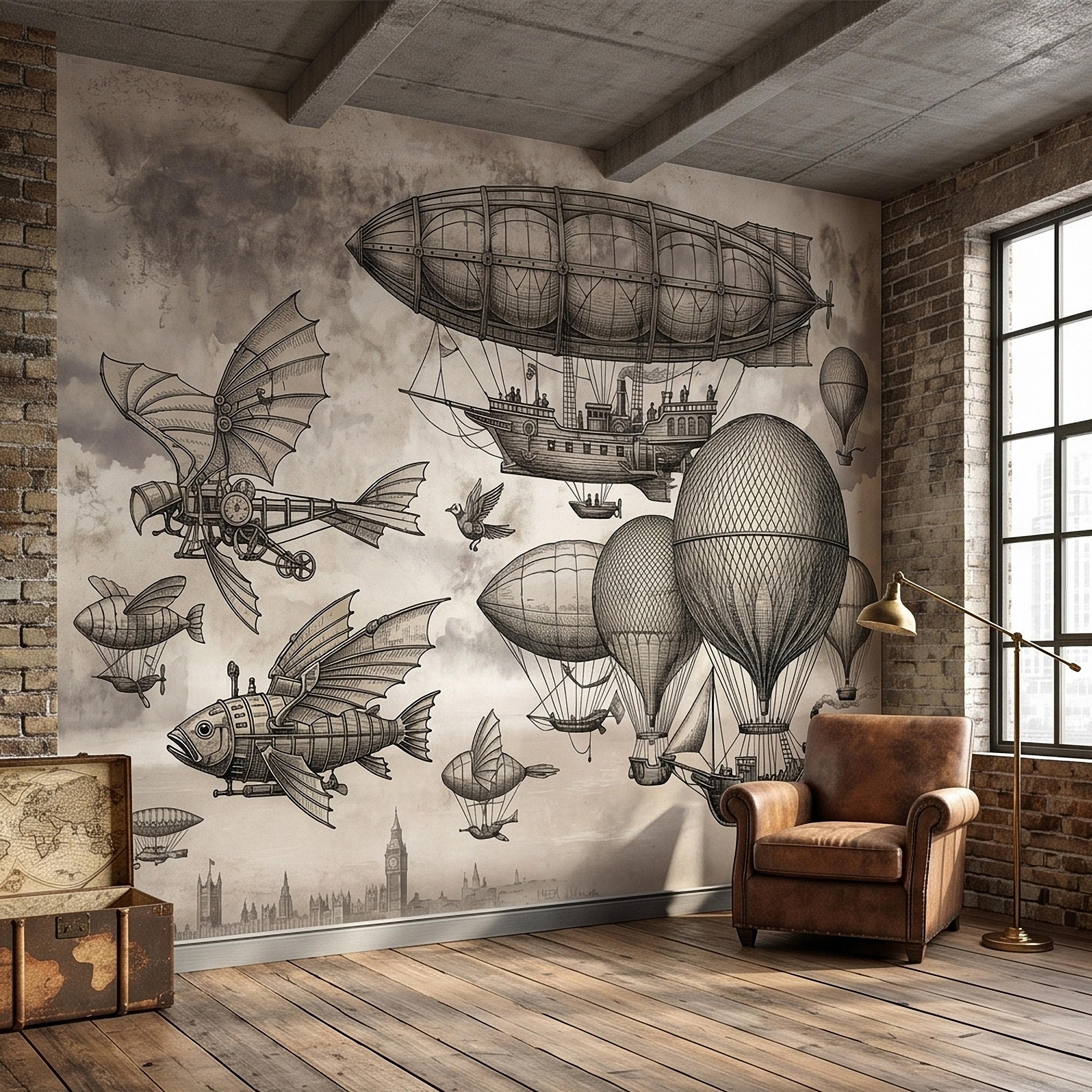 Steampunk Airship Peel and Stick Wall Mural, Vintage Zeppelin and Hot Air Balloon Sky with Flying Fish, Victorian Sepia Sketch Wallpaper