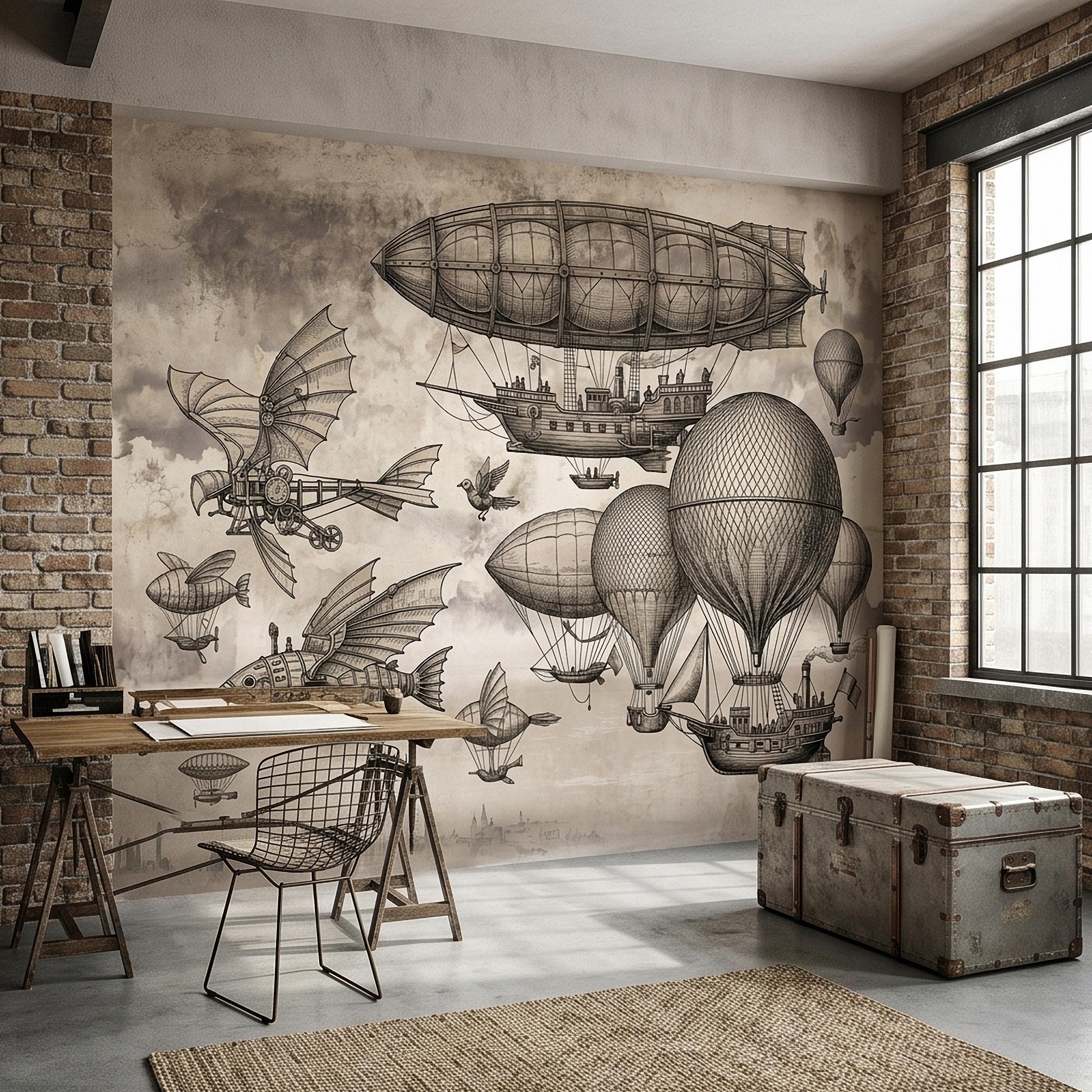 Steampunk Airship Peel and Stick Wall Mural, Vintage Zeppelin and Hot Air Balloon Sky with Flying Fish, Victorian Sepia Sketch Wallpaper