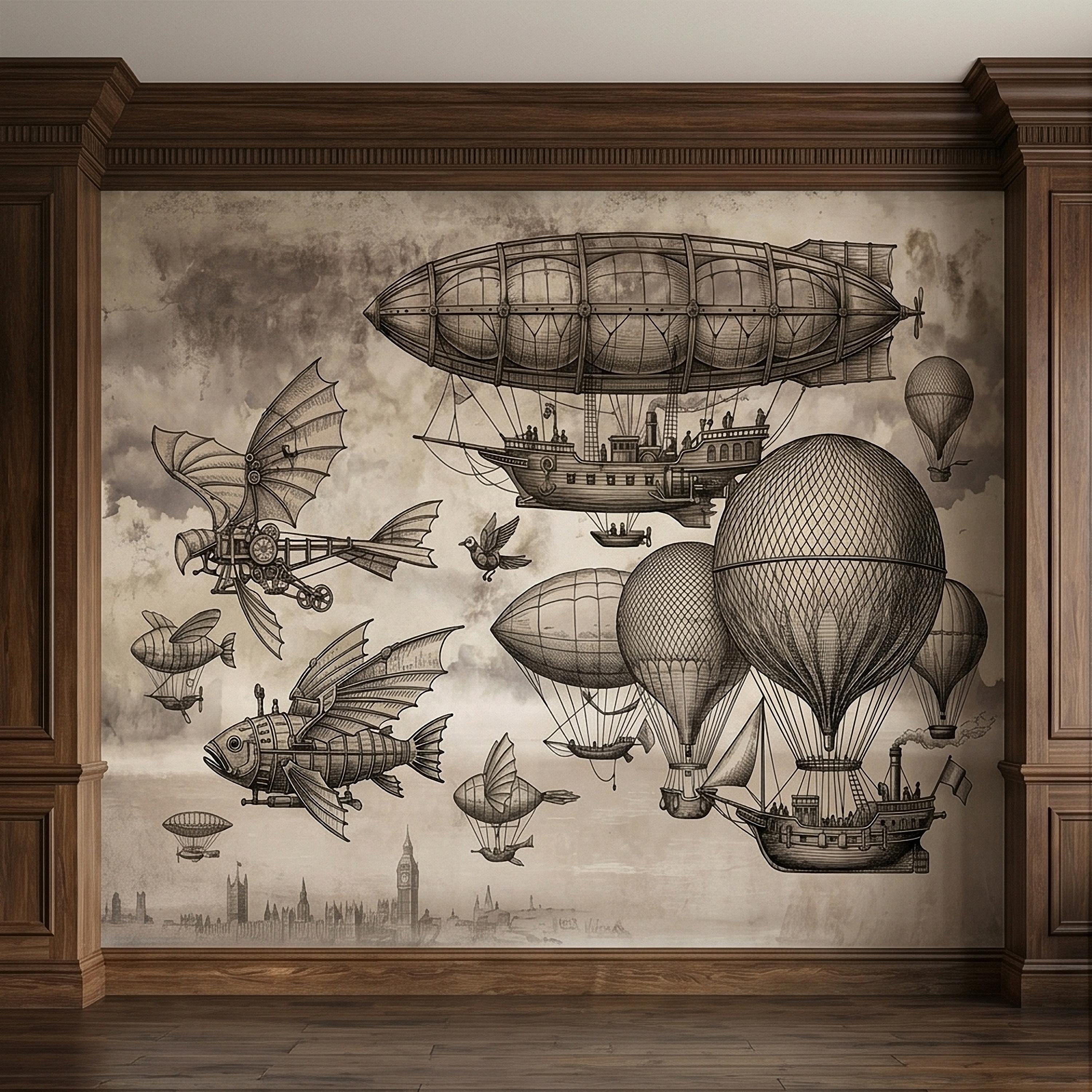 Steampunk Airship Peel and Stick Wall Mural, Vintage Zeppelin and Hot Air Balloon Sky with Flying Fish, Victorian Sepia Sketch Wallpaper