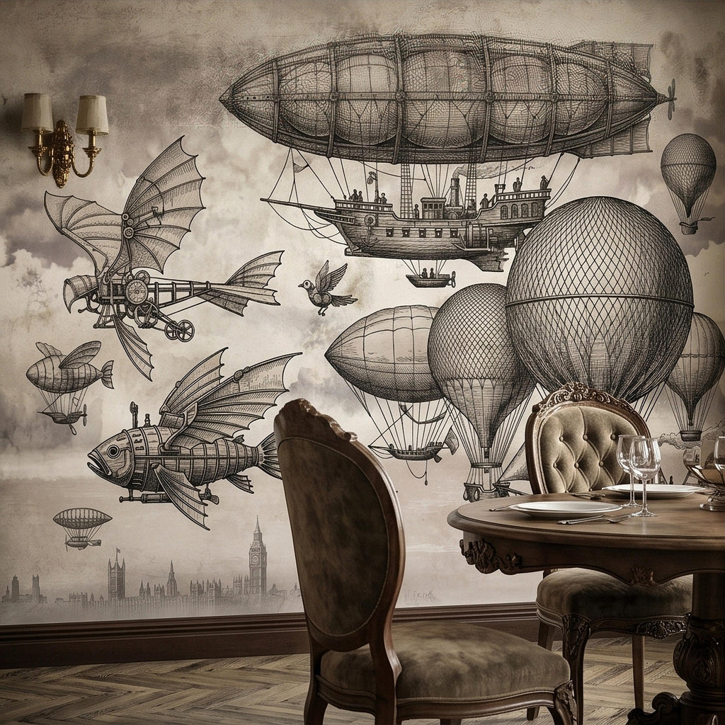 Steampunk Airship Peel and Stick Wall Mural, Vintage Zeppelin and Hot Air Balloon Sky with Flying Fish, Victorian Sepia Sketch Wallpaper