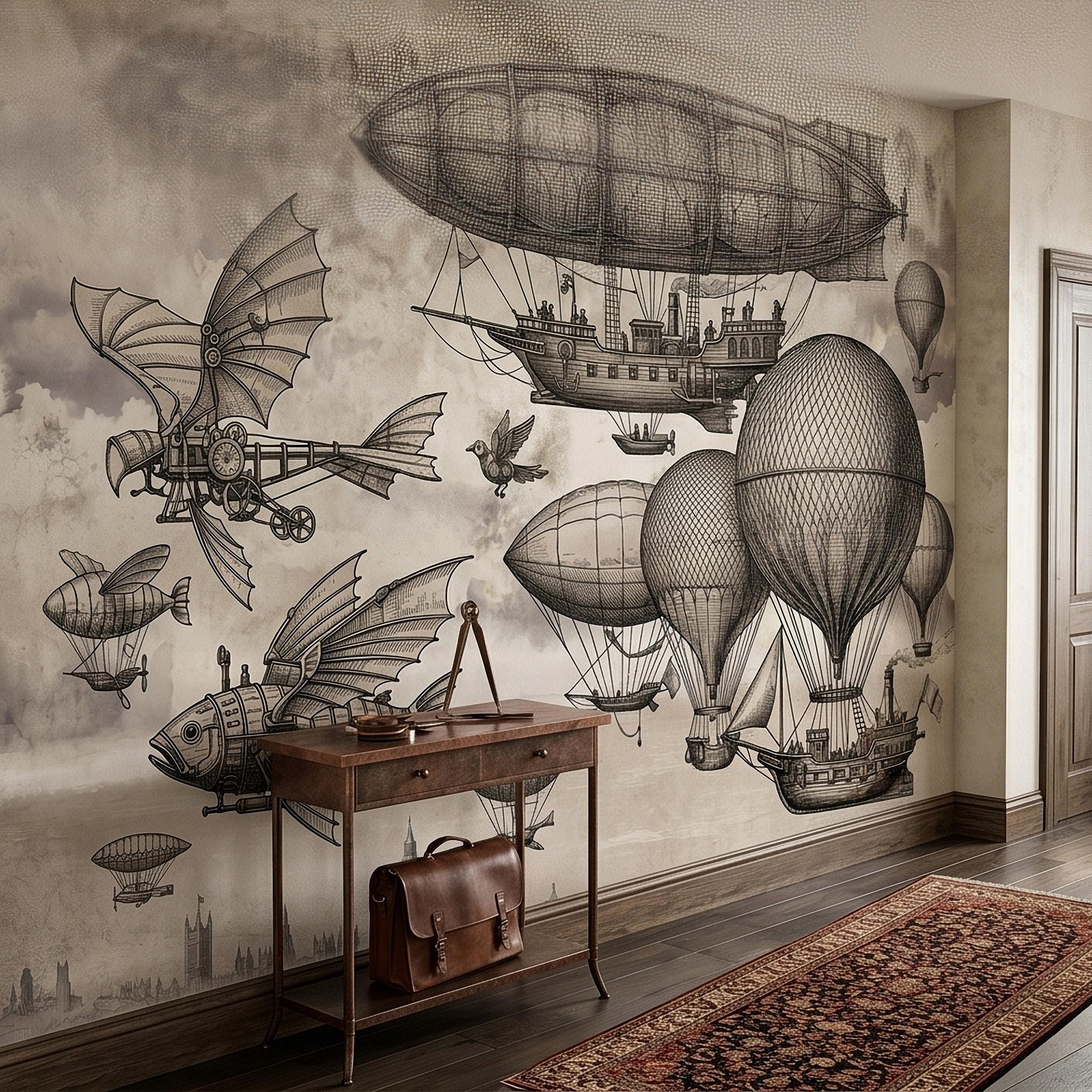 Steampunk Airship Peel and Stick Wall Mural, Vintage Zeppelin and Hot Air Balloon Sky with Flying Fish, Victorian Sepia Sketch Wallpaper