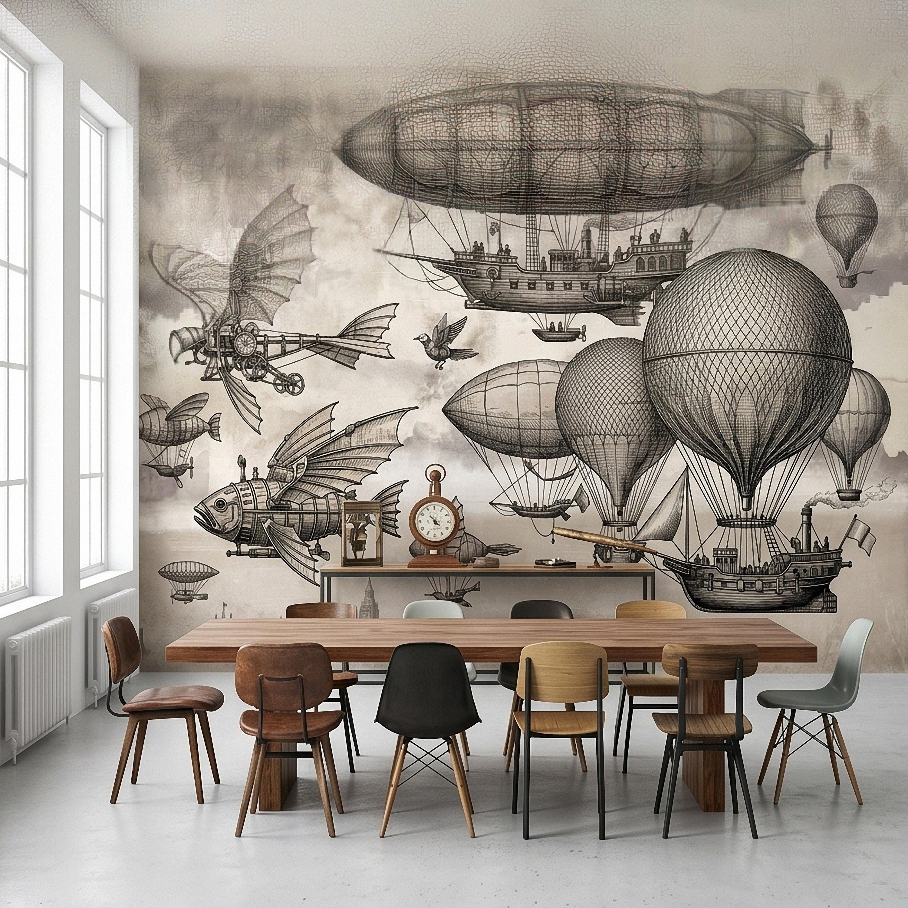 Steampunk Airship Peel and Stick Wall Mural, Vintage Zeppelin and Hot Air Balloon Sky with Flying Fish, Victorian Sepia Sketch Wallpaper