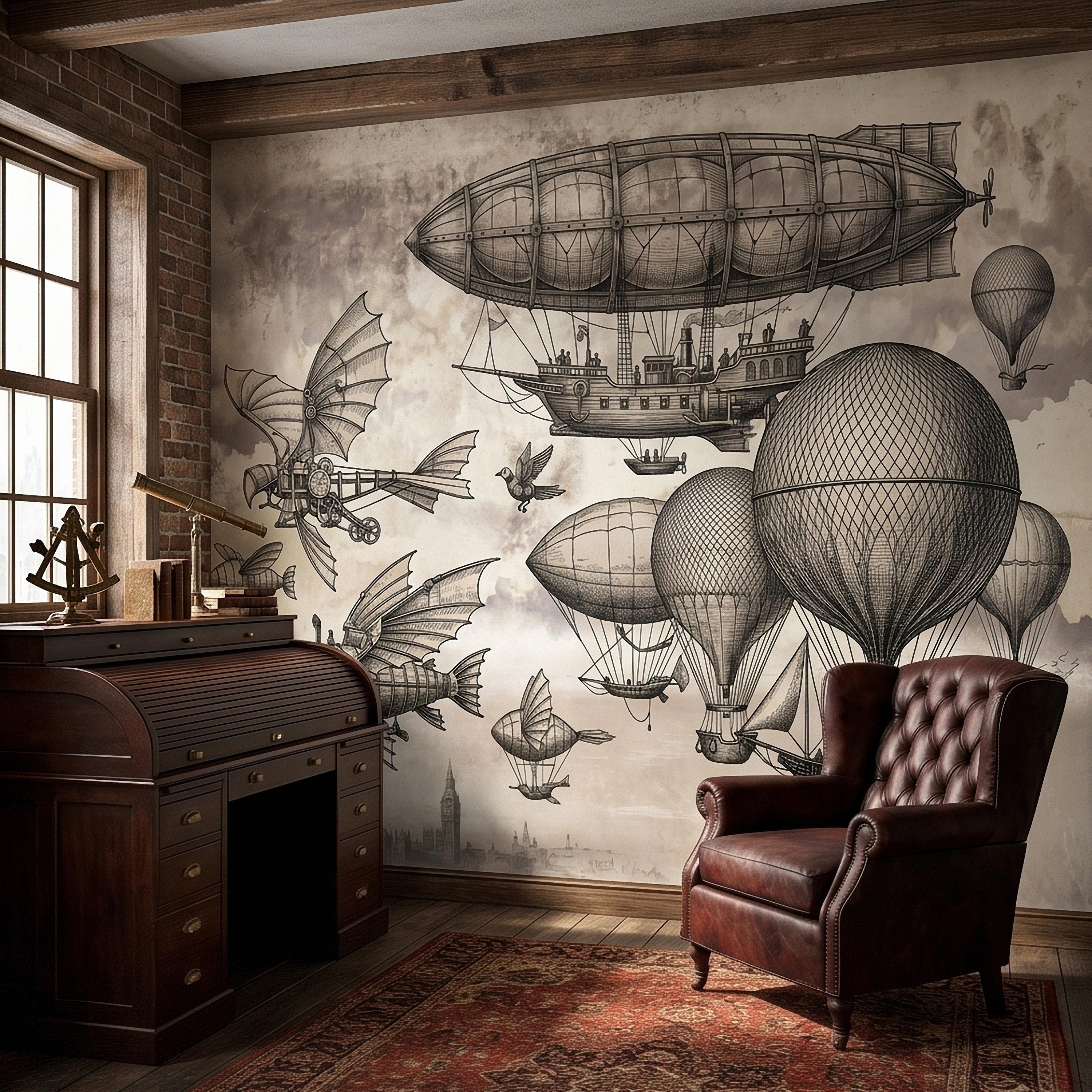Steampunk Airship Peel and Stick Wall Mural, Vintage Zeppelin and Hot Air Balloon Sky with Flying Fish, Victorian Sepia Sketch Wallpaper