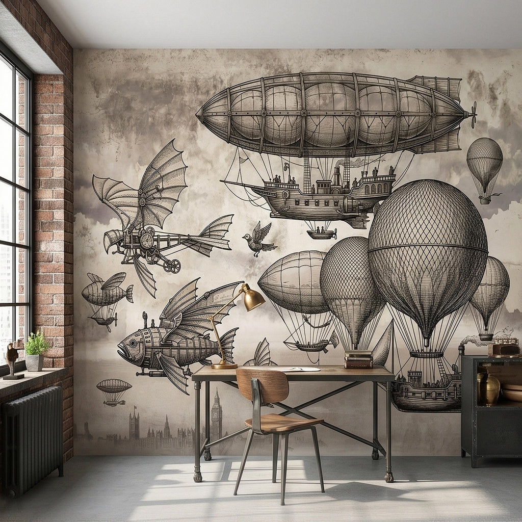 Steampunk Airship Peel and Stick Wall Mural, Vintage Zeppelin and Hot Air Balloon Sky with Flying Fish, Victorian Sepia Sketch Wallpaper
