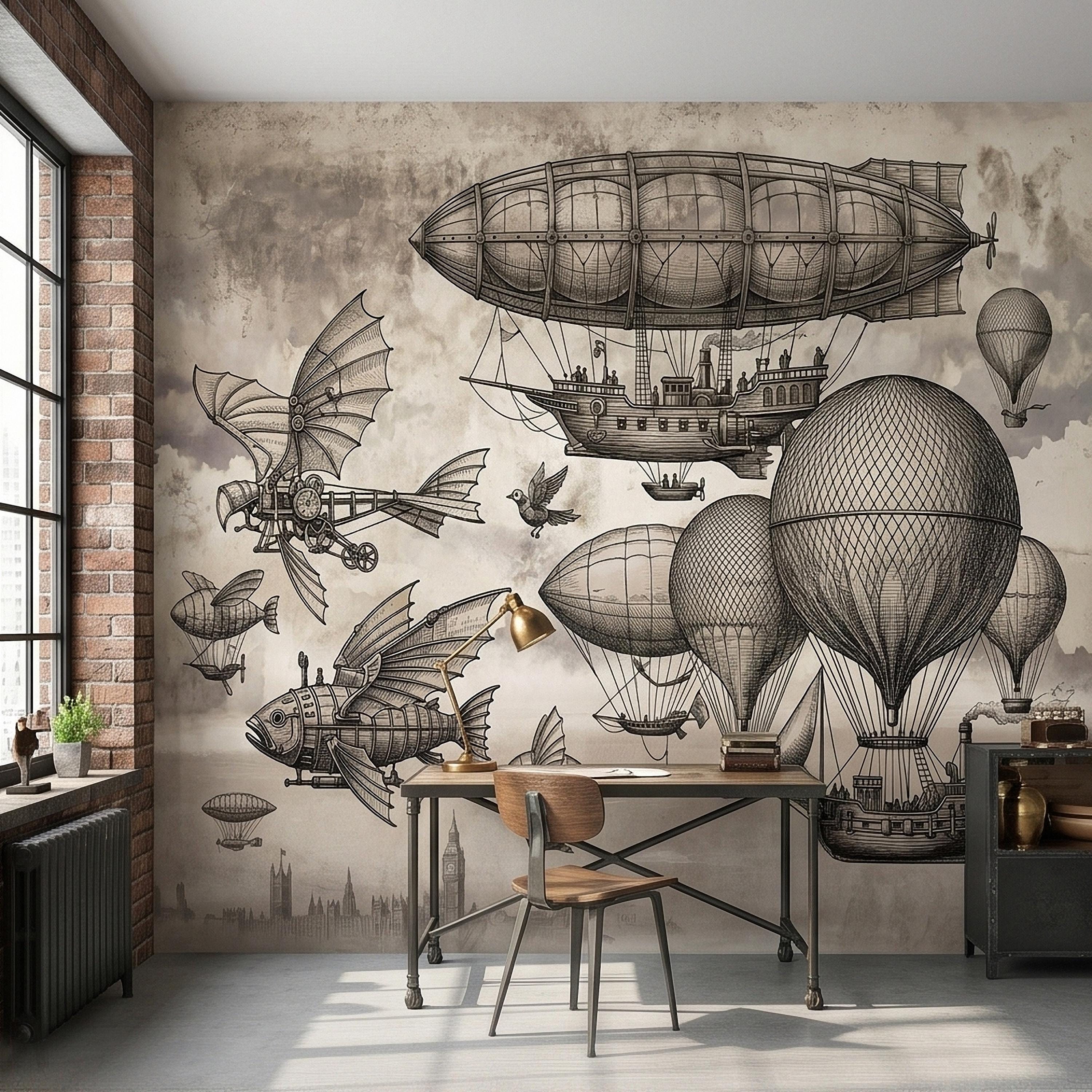 Steampunk Airship Peel and Stick Wall Mural, Vintage Zeppelin and Hot Air Balloon Sky with Flying Fish, Victorian Sepia Sketch Wallpaper