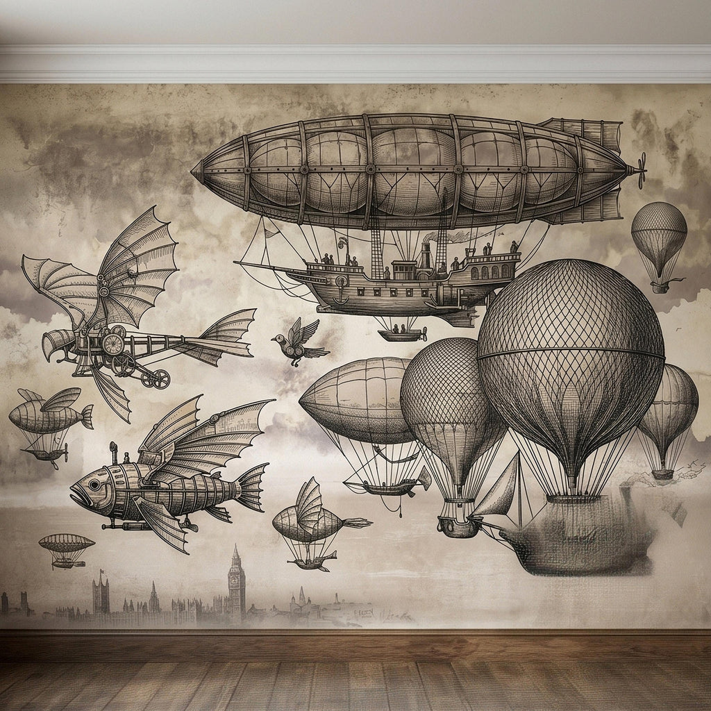 Steampunk Airship Peel and Stick Wall Mural, Vintage Zeppelin and Hot Air Balloon Sky with Flying Fish, Victorian Sepia Sketch Wallpaper