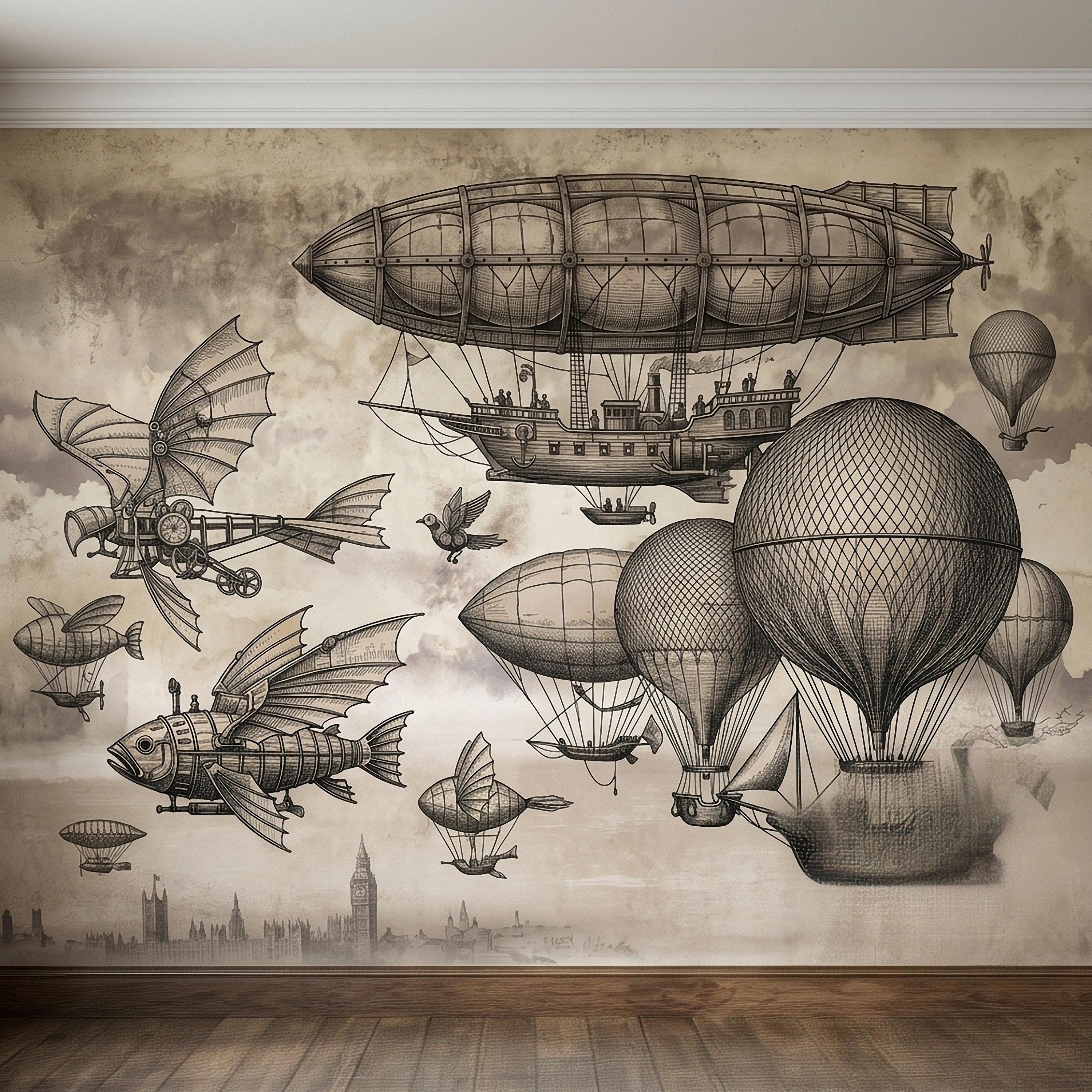 Steampunk Airship Peel and Stick Wall Mural, Vintage Zeppelin and Hot Air Balloon Sky with Flying Fish, Victorian Sepia Sketch Wallpaper