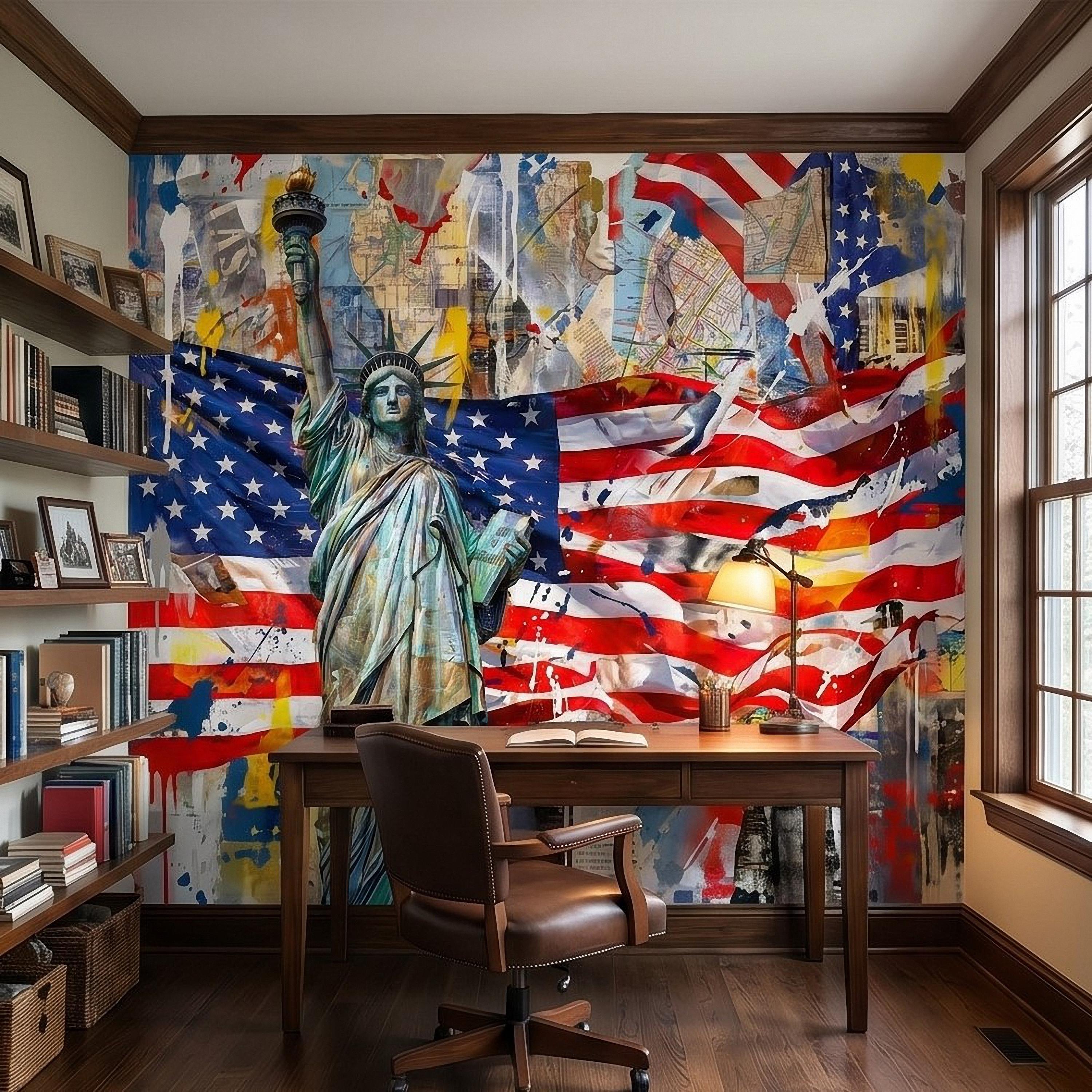 Statue of Liberty American Flag Peel and Stick Wall Mural, Patriotic USA Street Art Graffiti Collage Mixed Media Colorful Pop Art Wallpaper