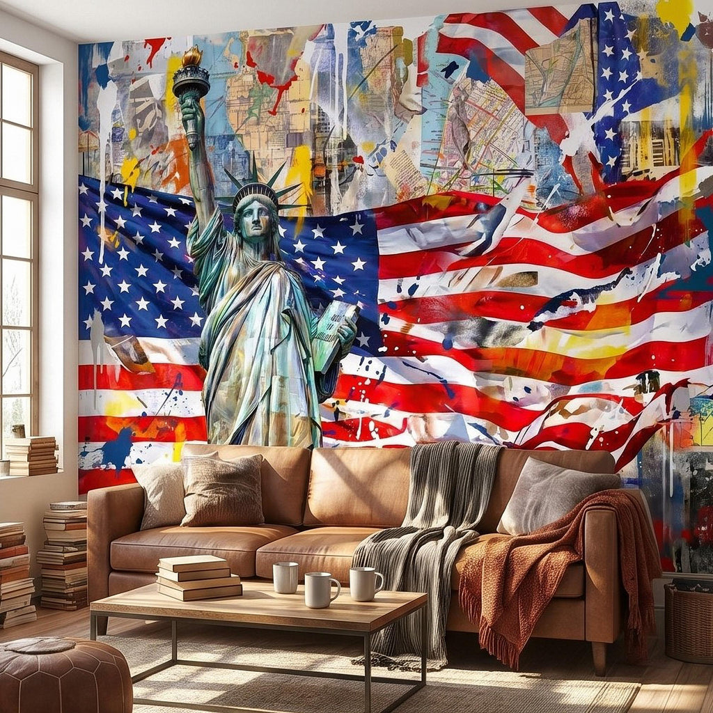 Statue of Liberty American Flag Peel and Stick Wall Mural, Patriotic USA Street Art Graffiti Collage Mixed Media Colorful Pop Art Wallpaper