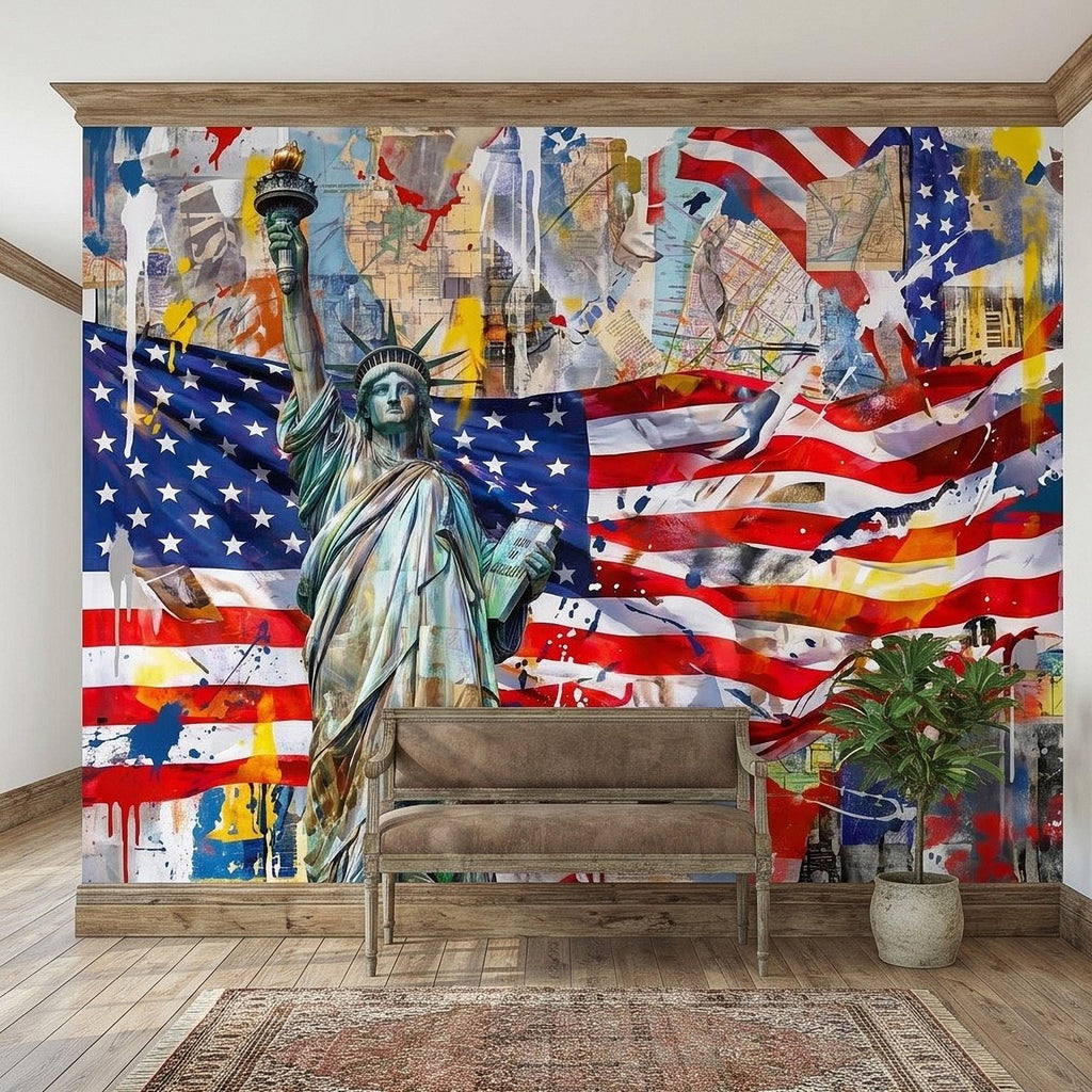 Statue of Liberty American Flag Peel and Stick Wall Mural, Patriotic USA Street Art Graffiti Collage Mixed Media Colorful Pop Art Wallpaper