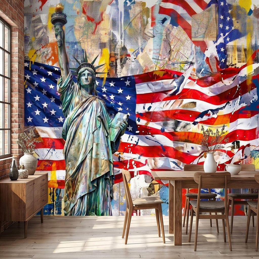 Statue of Liberty American Flag Peel and Stick Wall Mural, Patriotic USA Street Art Graffiti Collage Mixed Media Colorful Pop Art Wallpaper