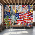 Statue of Liberty American Flag Peel and Stick Wall Mural, Patriotic USA Street Art Graffiti Collage Mixed Media Colorful Pop Art Wallpaper