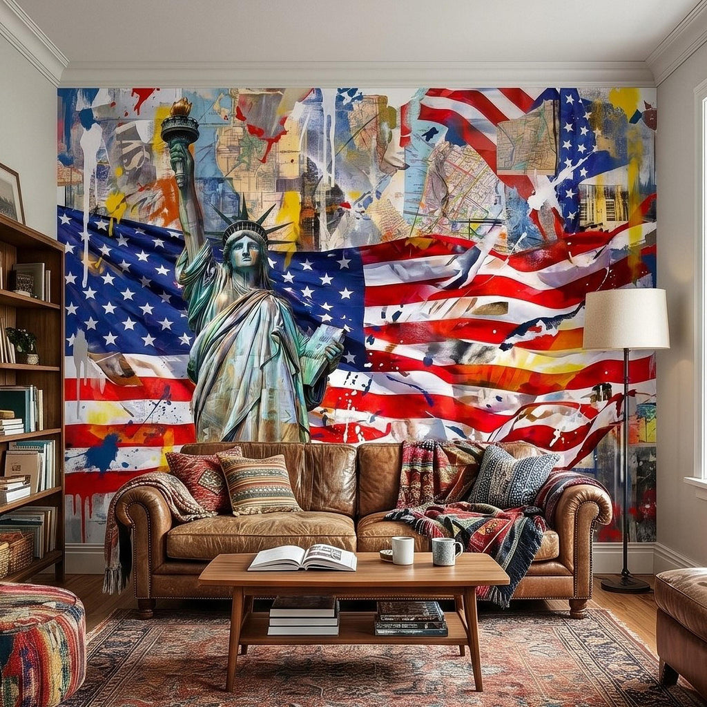 Statue of Liberty American Flag Peel and Stick Wall Mural, Patriotic USA Street Art Graffiti Collage Mixed Media Colorful Pop Art Wallpaper