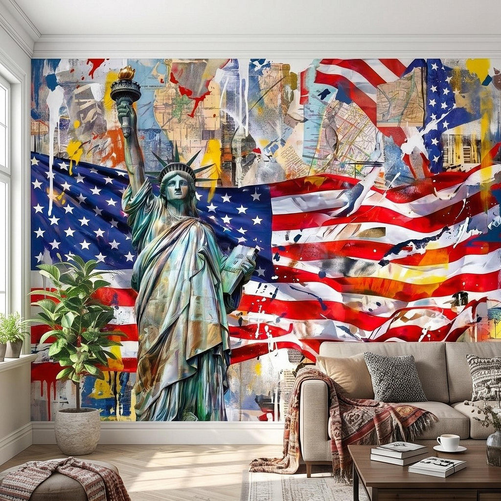 Statue of Liberty American Flag Peel and Stick Wall Mural, Patriotic USA Street Art Graffiti Collage Mixed Media Colorful Pop Art Wallpaper