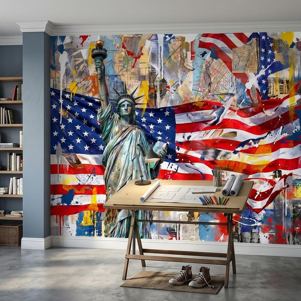 Statue of Liberty American Flag Peel and Stick Wall Mural, Patriotic USA Street Art Graffiti Collage Mixed Media Colorful Pop Art Wallpaper