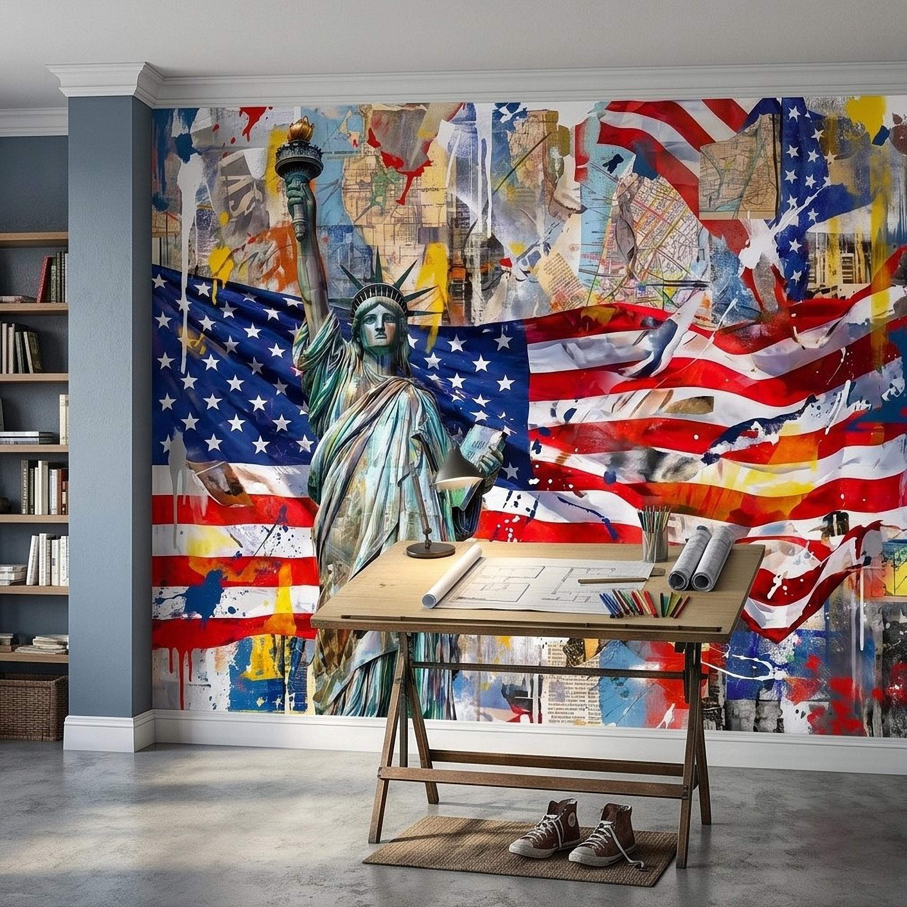 Statue of Liberty American Flag Peel and Stick Wall Mural, Patriotic USA Street Art Graffiti Collage Mixed Media Colorful Pop Art Wallpaper