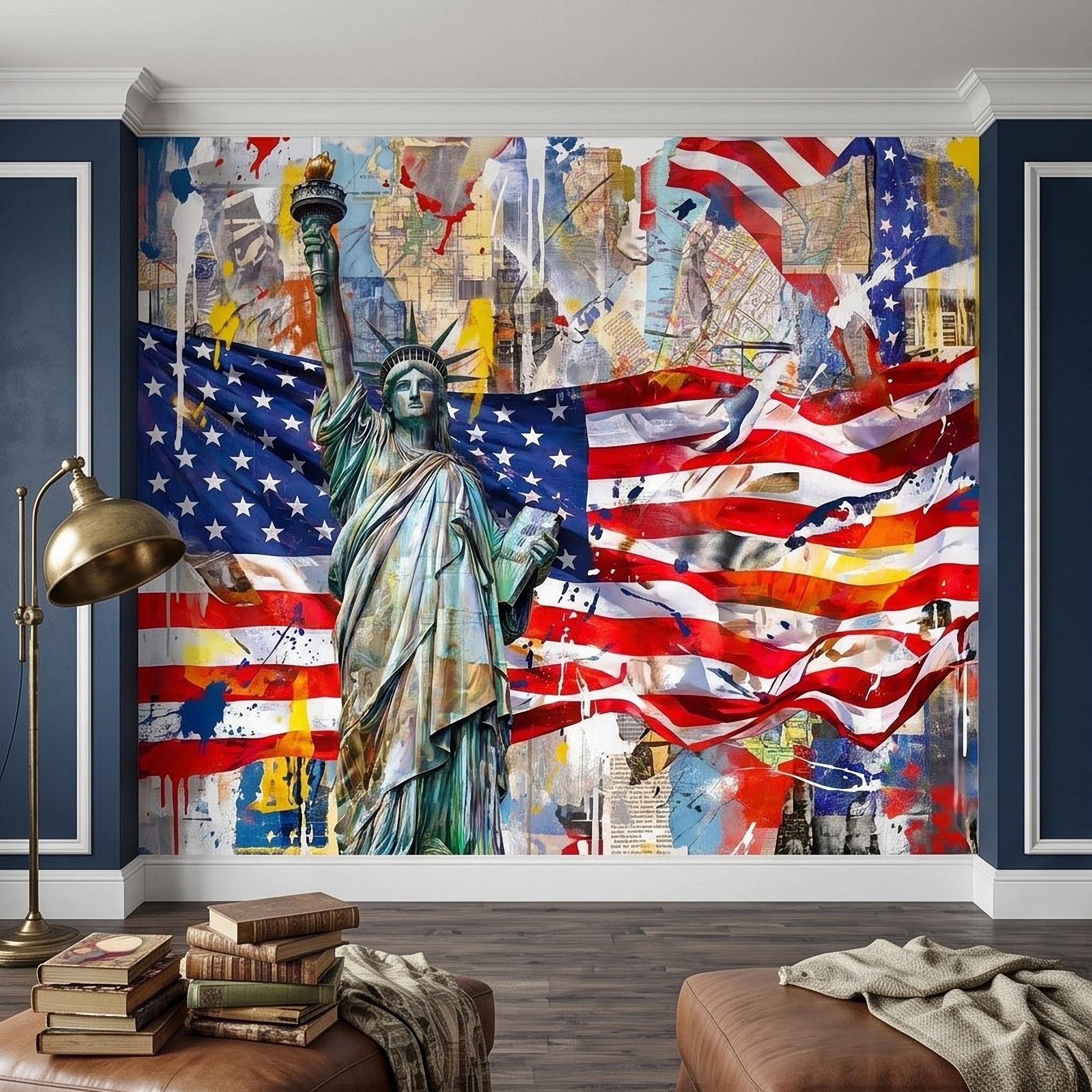 Statue of Liberty American Flag Peel and Stick Wall Mural, Patriotic USA Street Art Graffiti Collage Mixed Media Colorful Pop Art Wallpaper