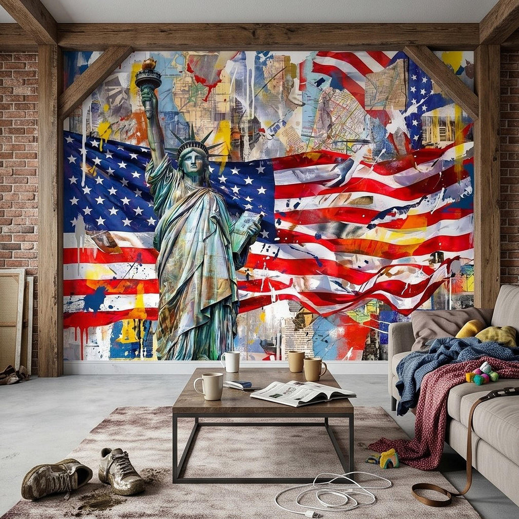 Statue of Liberty American Flag Peel and Stick Wall Mural, Patriotic USA Street Art Graffiti Collage Mixed Media Colorful Pop Art Wallpaper