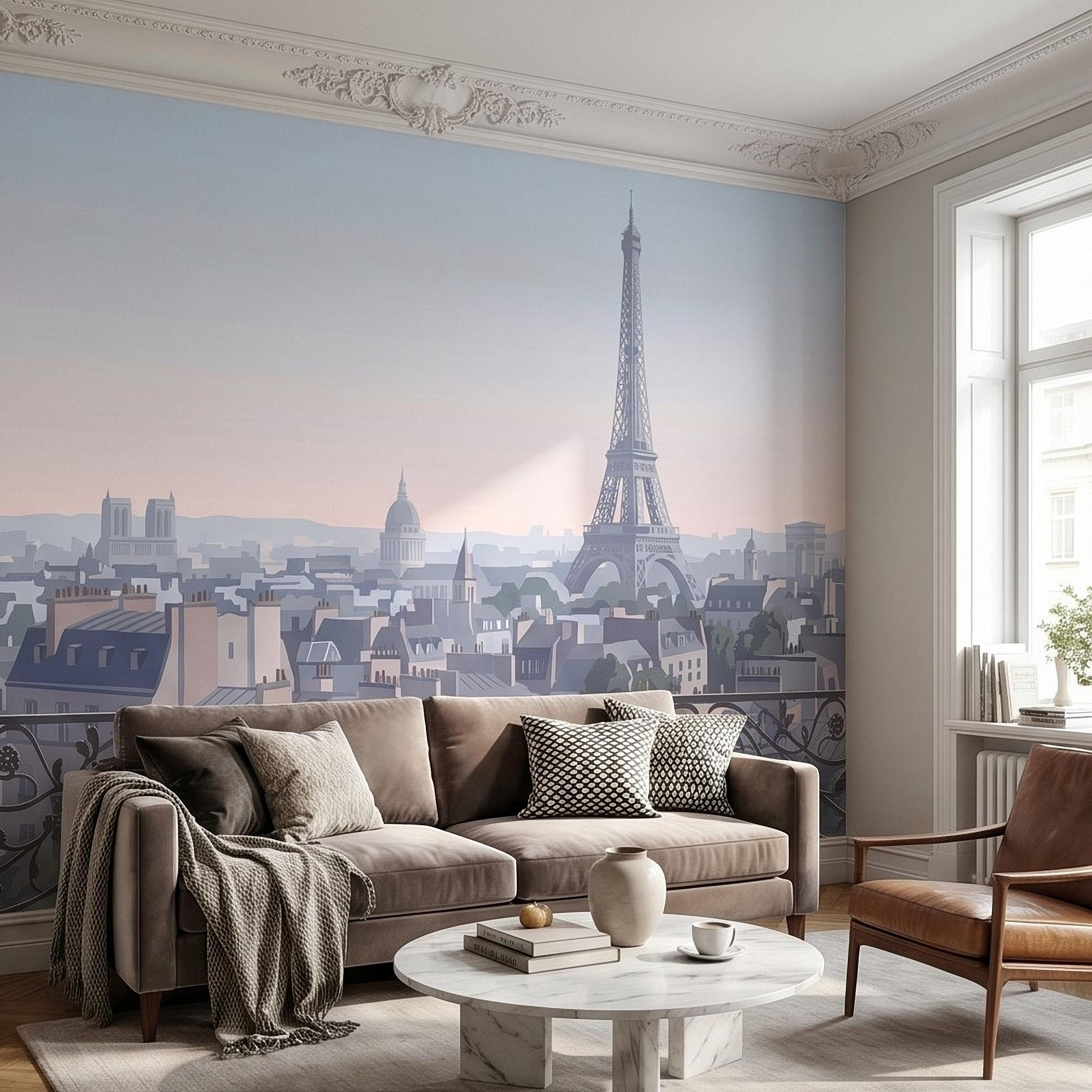 Paris Eiffel Tower Peel and Stick Wall Mural, French Cityscape Balcony View, Pastel Sunset Skyline Vintage Travel Illustration Wallpaper