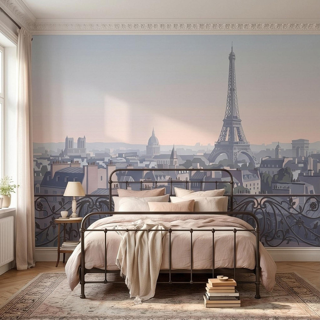 Paris Eiffel Tower Peel and Stick Wall Mural, French Cityscape Balcony View, Pastel Sunset Skyline Vintage Travel Illustration Wallpaper