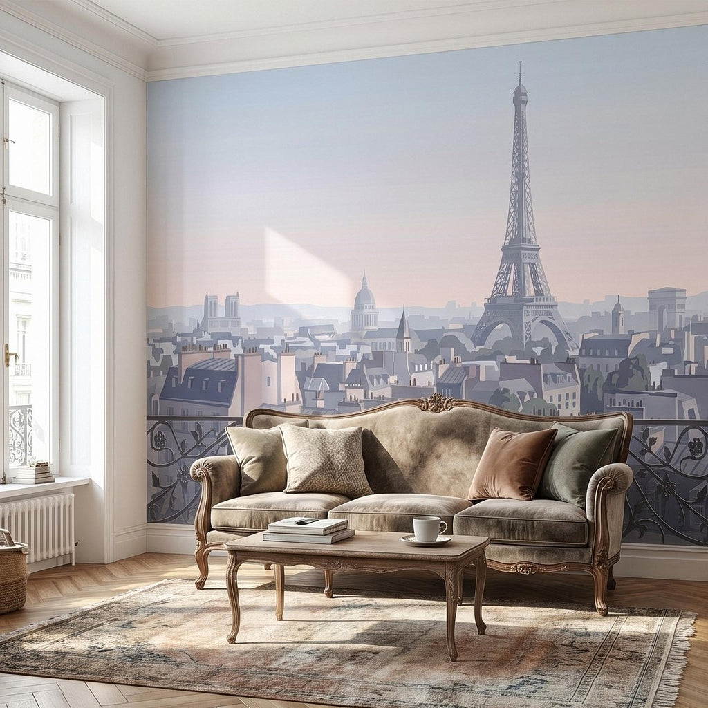 Paris Eiffel Tower Peel and Stick Wall Mural, French Cityscape Balcony View, Pastel Sunset Skyline Vintage Travel Illustration Wallpaper
