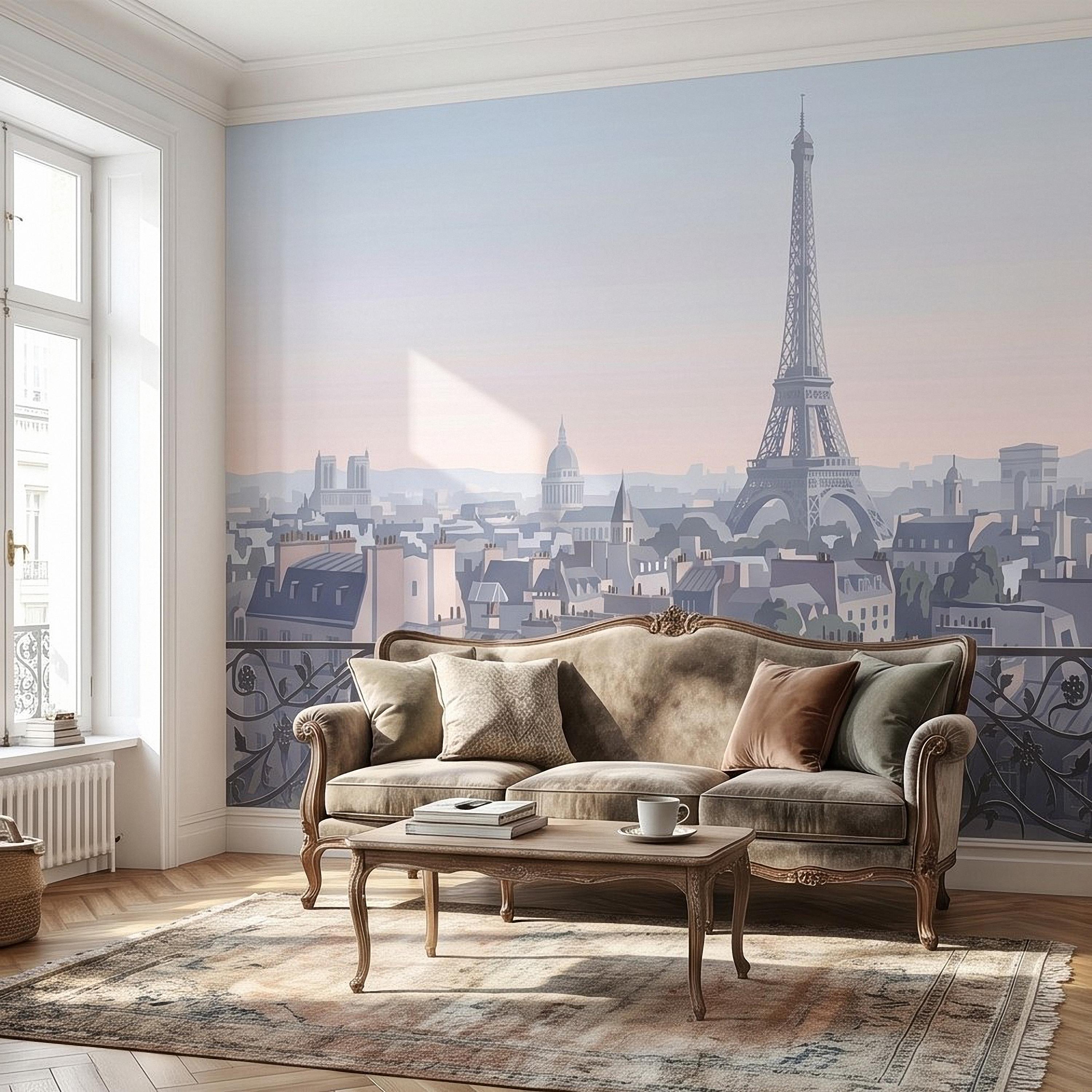 Paris Eiffel Tower Peel and Stick Wall Mural, French Cityscape Balcony View, Pastel Sunset Skyline Vintage Travel Illustration Wallpaper