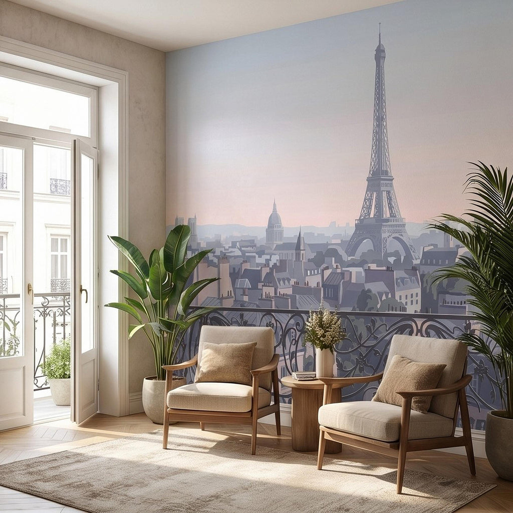 Paris Eiffel Tower Peel and Stick Wall Mural, French Cityscape Balcony View, Pastel Sunset Skyline Vintage Travel Illustration Wallpaper
