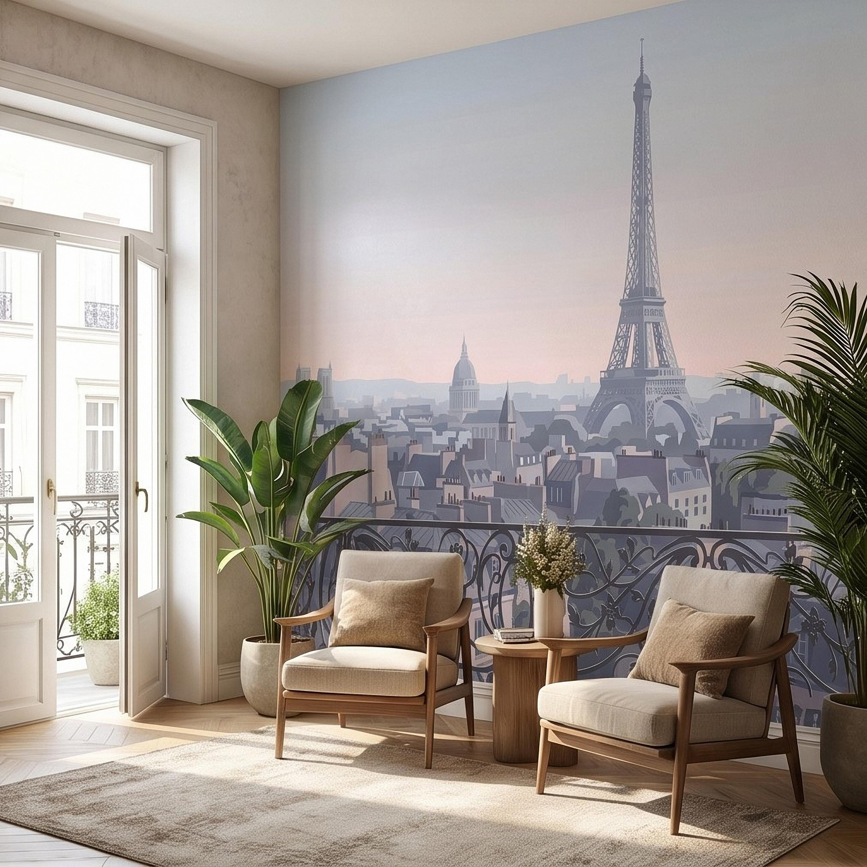 Paris Eiffel Tower Peel and Stick Wall Mural, French Cityscape Balcony View, Pastel Sunset Skyline Vintage Travel Illustration Wallpaper