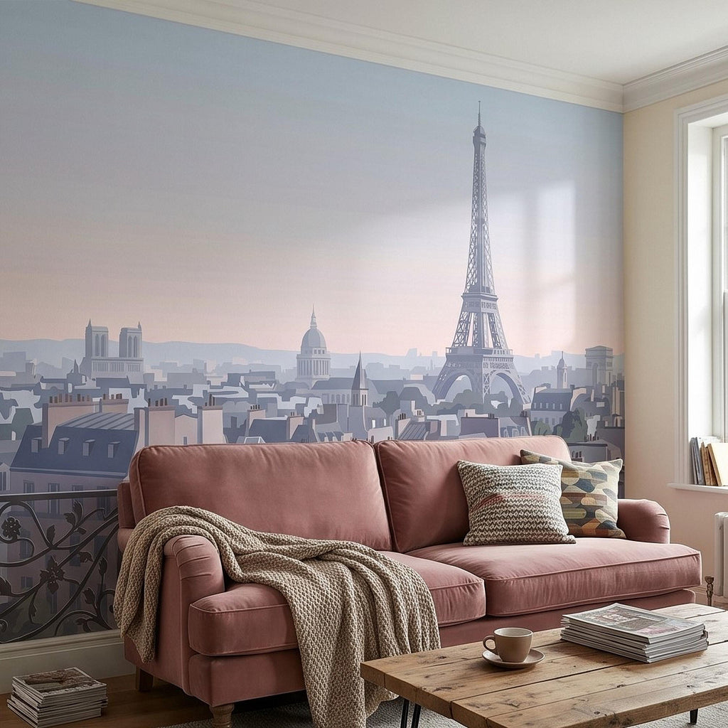 Paris Eiffel Tower Peel and Stick Wall Mural, French Cityscape Balcony View, Pastel Sunset Skyline Vintage Travel Illustration Wallpaper