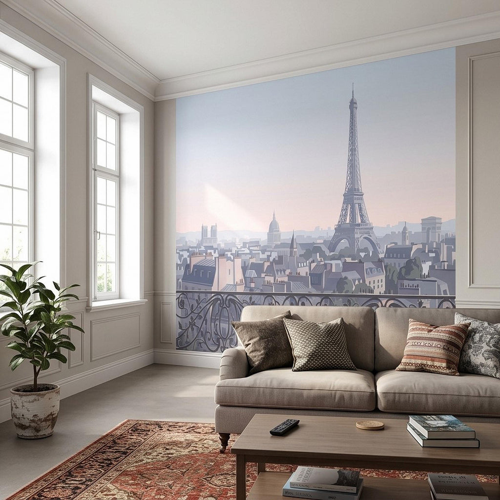 Paris Eiffel Tower Peel and Stick Wall Mural, French Cityscape Balcony View, Pastel Sunset Skyline Vintage Travel Illustration Wallpaper