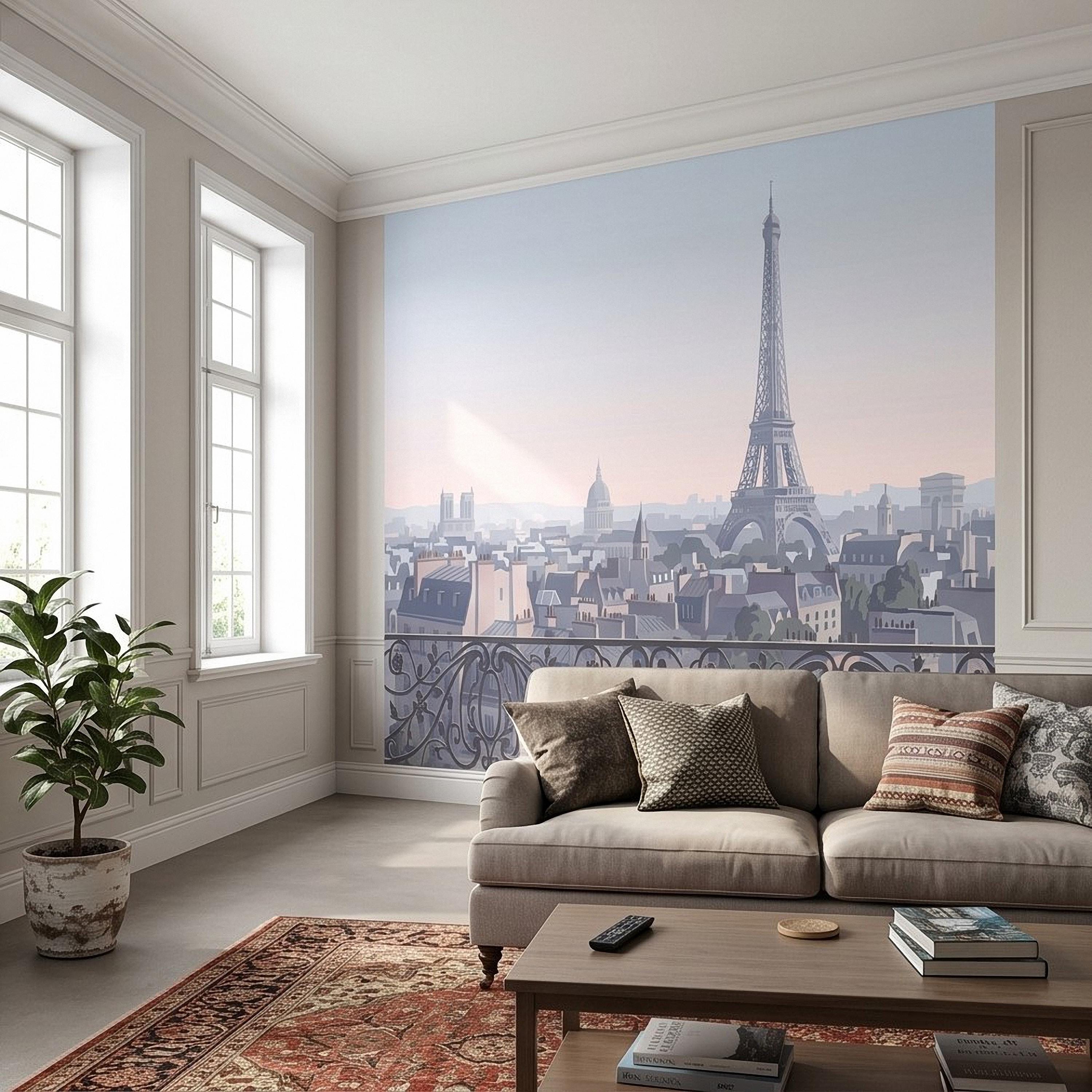 Paris Eiffel Tower Peel and Stick Wall Mural, French Cityscape Balcony View, Pastel Sunset Skyline Vintage Travel Illustration Wallpaper