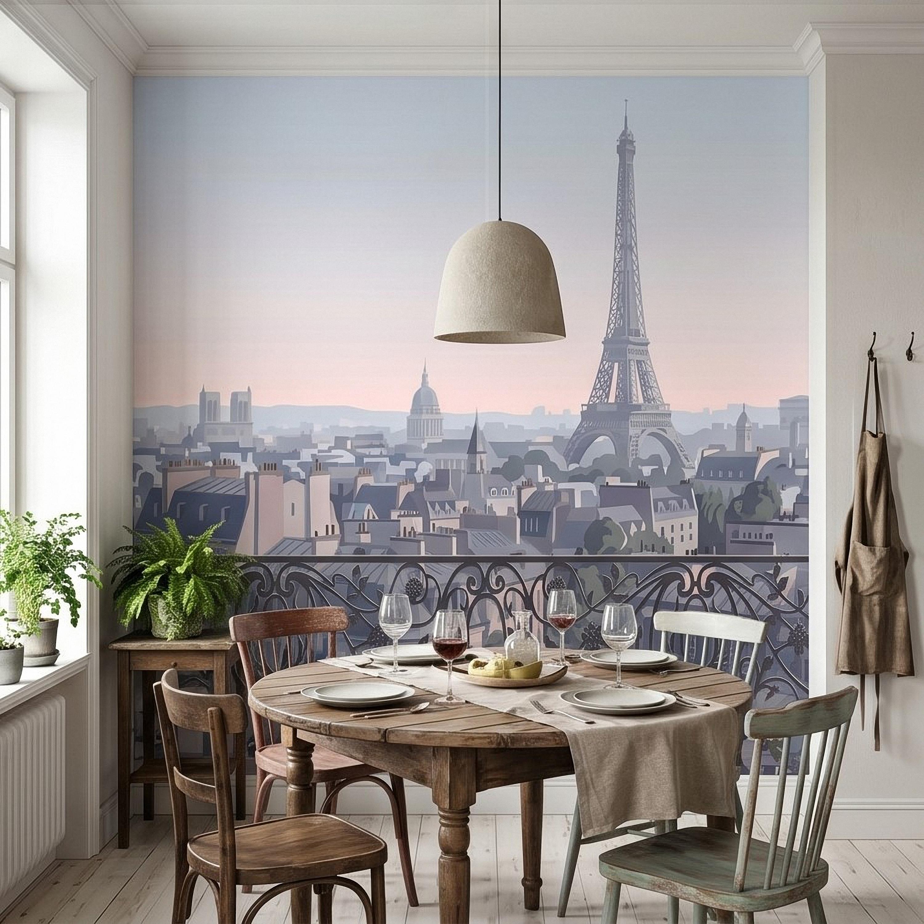 Paris Eiffel Tower Peel and Stick Wall Mural, French Cityscape Balcony View, Pastel Sunset Skyline Vintage Travel Illustration Wallpaper