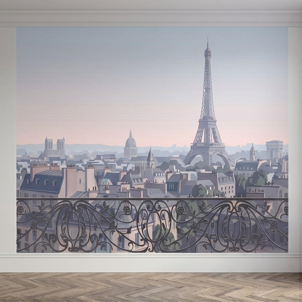 Paris Eiffel Tower Peel and Stick Wall Mural, French Cityscape Balcony View, Pastel Sunset Skyline Vintage Travel Illustration Wallpaper