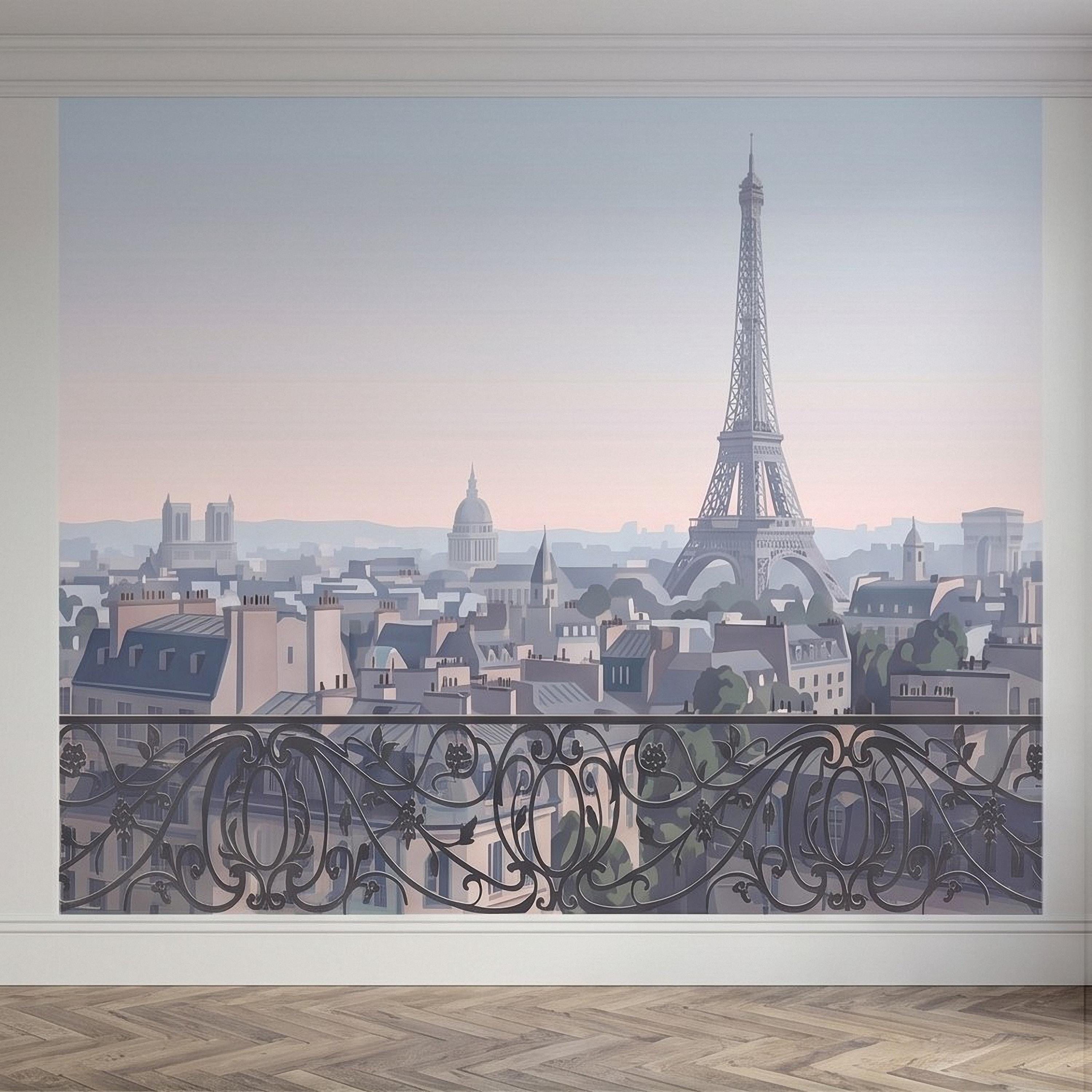 Paris Eiffel Tower Peel and Stick Wall Mural, French Cityscape Balcony View, Pastel Sunset Skyline Vintage Travel Illustration Wallpaper