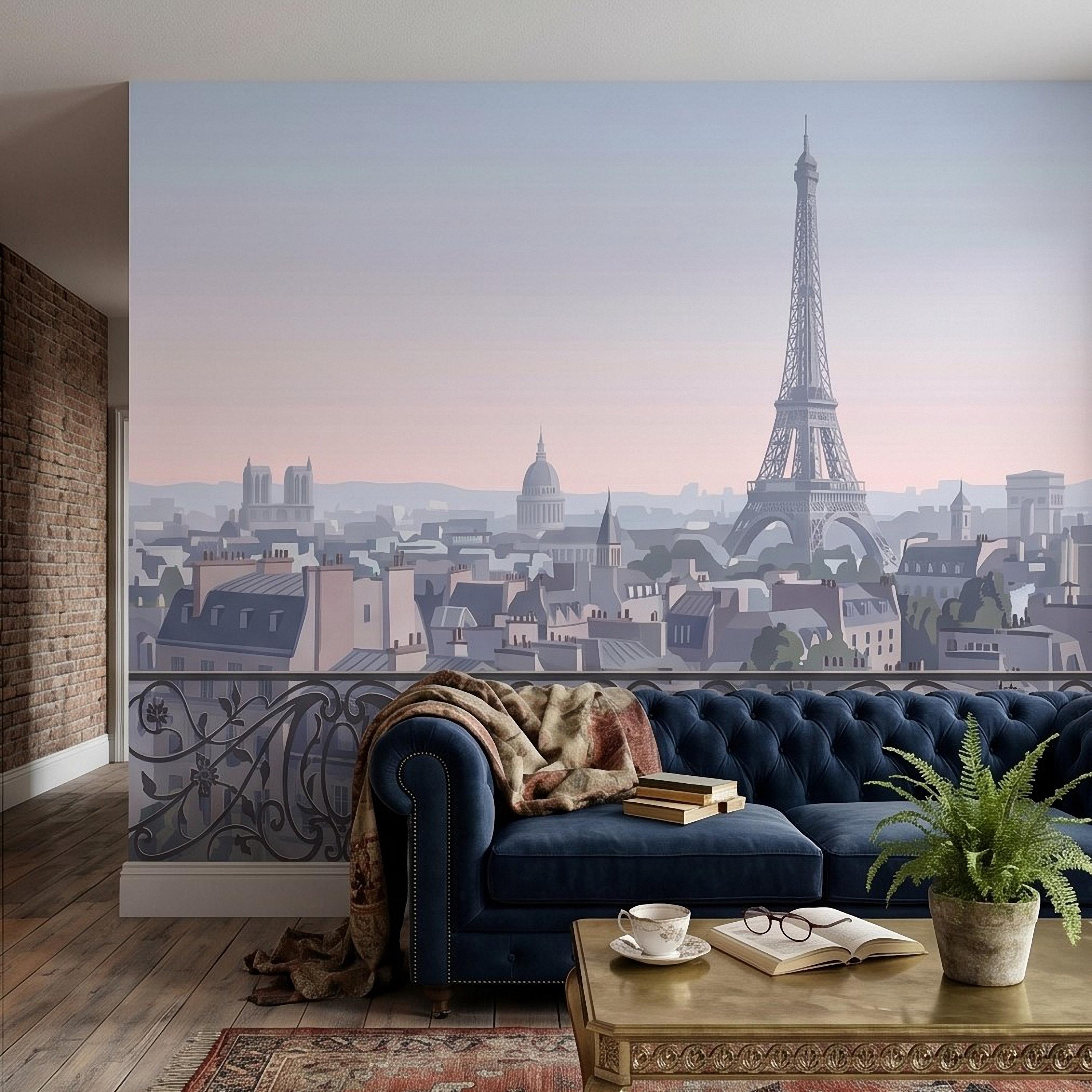 Paris Eiffel Tower Peel and Stick Wall Mural, French Cityscape Balcony View, Pastel Sunset Skyline Vintage Travel Illustration Wallpaper
