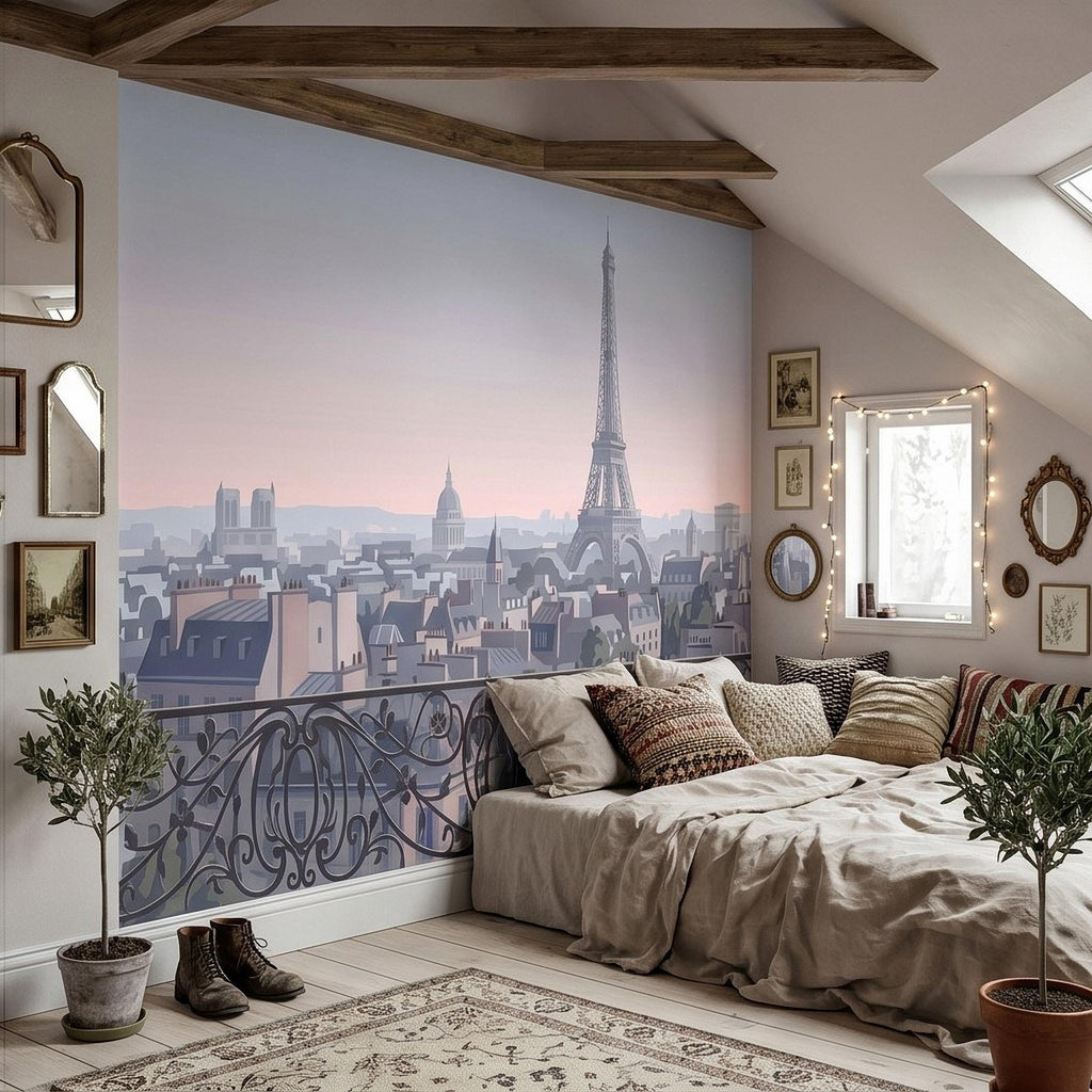 Paris Eiffel Tower Peel and Stick Wall Mural, French Cityscape Balcony View, Pastel Sunset Skyline Vintage Travel Illustration Wallpaper