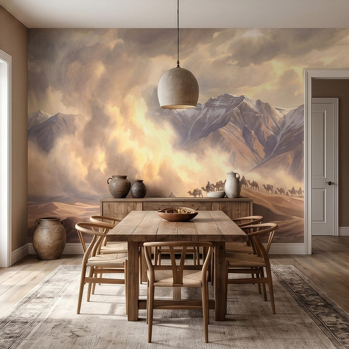 Desert caravan wall mural showing camel train across desert dunes under warm sky