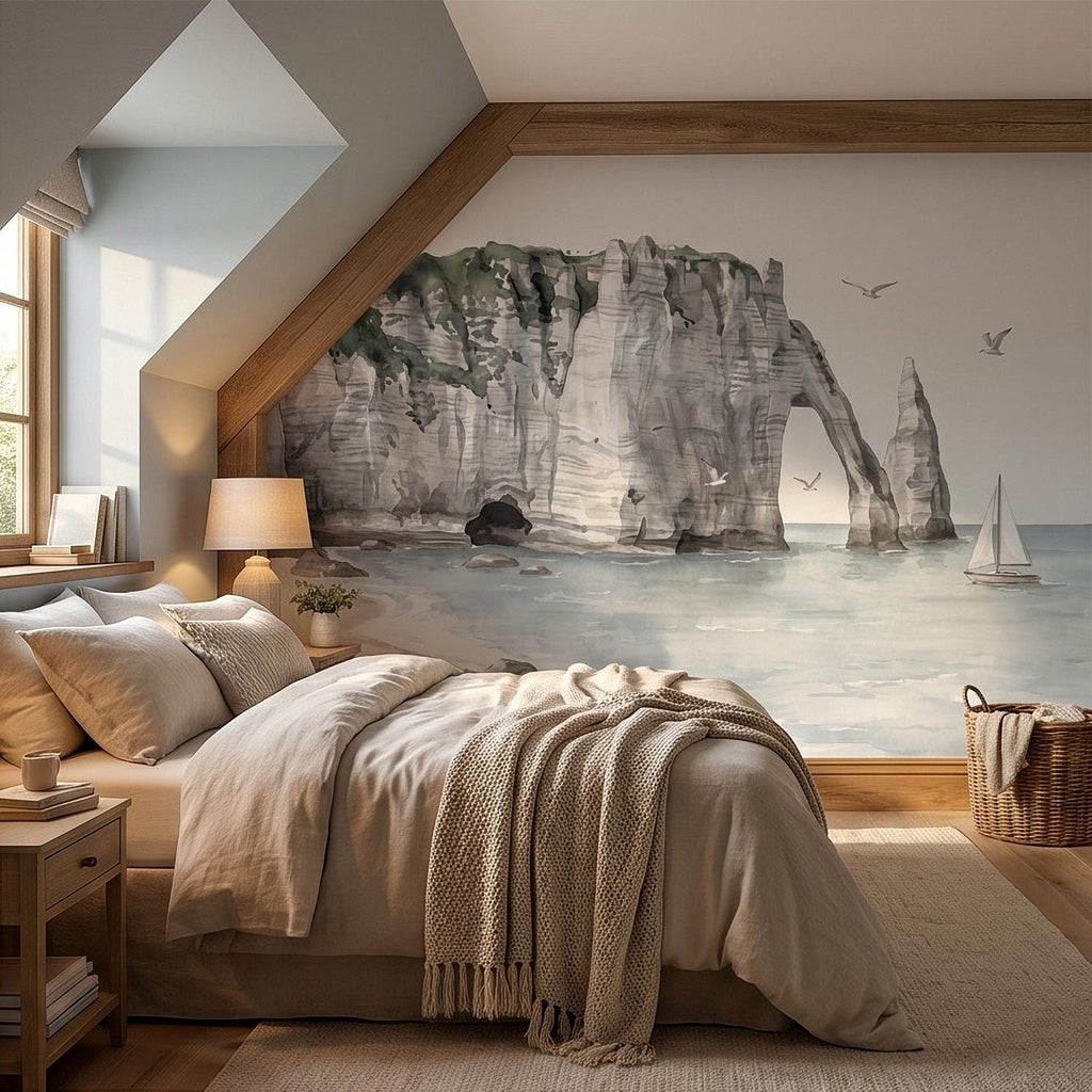 Coastal Cliffs Peel and Stick Wall Mural, Watercolor Sea Arch Seascape, Sailboat & Seagulls, Beach Ocean Landscape, Neutral Scandi Wallpaper