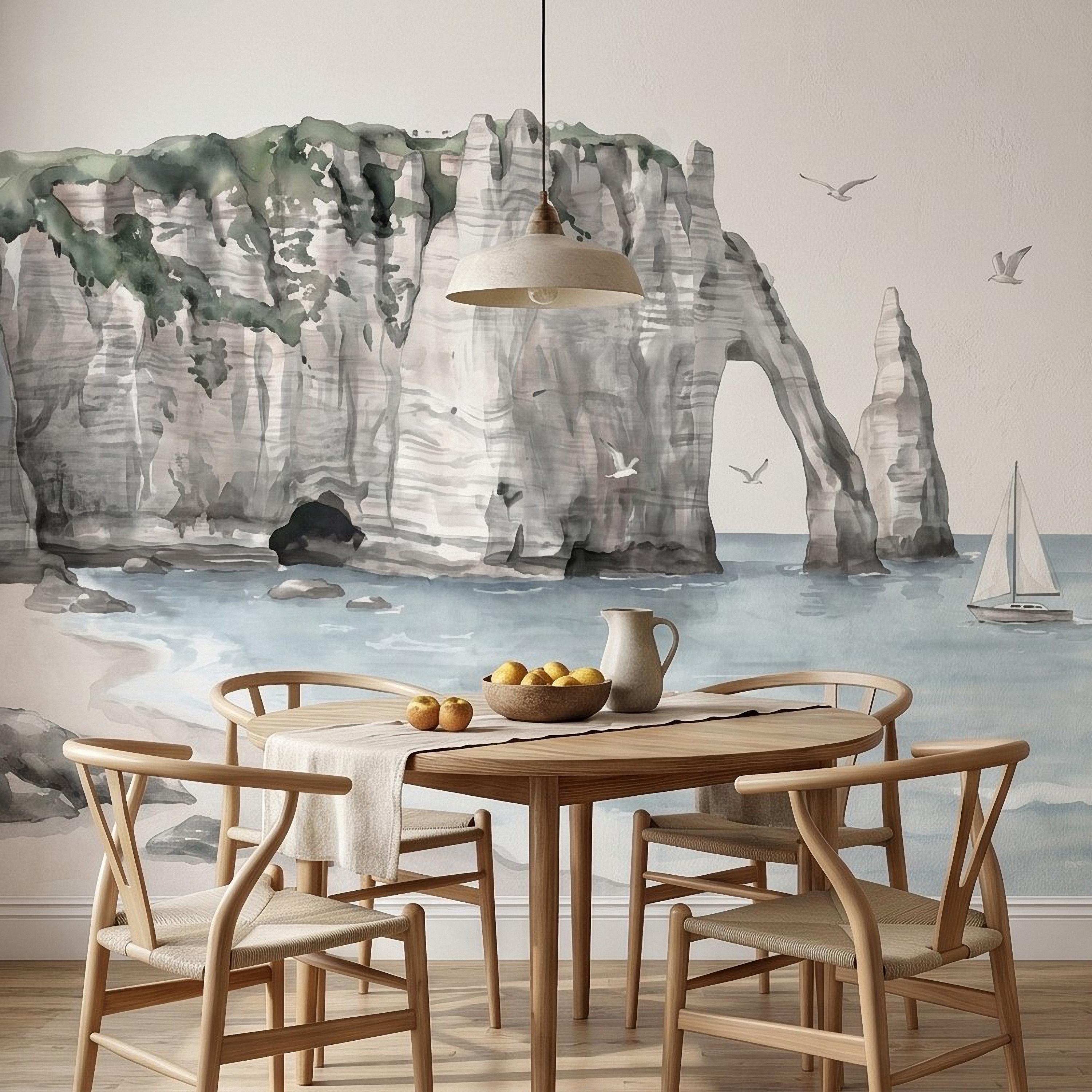 Coastal Cliffs Peel and Stick Wall Mural, Watercolor Sea Arch Seascape, Sailboat & Seagulls, Beach Ocean Landscape, Neutral Scandi Wallpaper