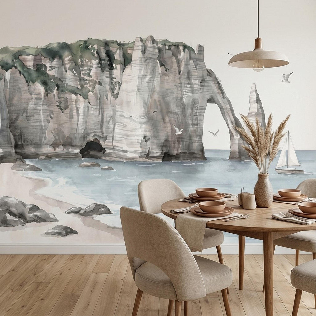 Coastal Cliffs Peel and Stick Wall Mural, Watercolor Sea Arch Seascape, Sailboat & Seagulls, Beach Ocean Landscape, Neutral Scandi Wallpaper